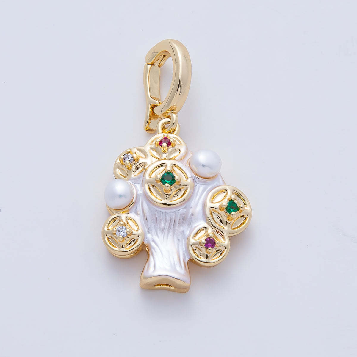 18K Gold Filled 21mm Multicolor CZ Shell Pearl Geometric Snap Latch Pendant | AF1199