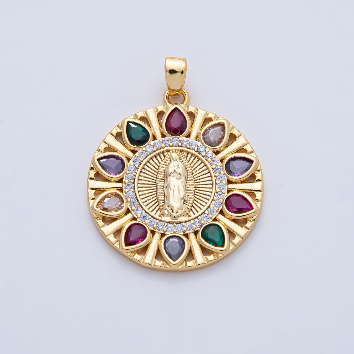 18K Gold Filled 25mm Clear, Multicolor CZ Miraculous Lady Mother Mary Round Pendant | AF1202