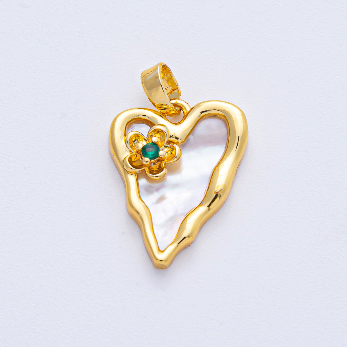 18K Gold Filled 20mm Green CZ Flower Shell Pearl Molten Heart Pendant in Gold & Silver | AF1204