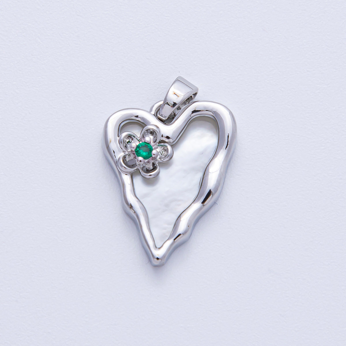 18K Gold Filled 20mm Green CZ Flower Shell Pearl Molten Heart Pendant in Gold & Silver | AF1204