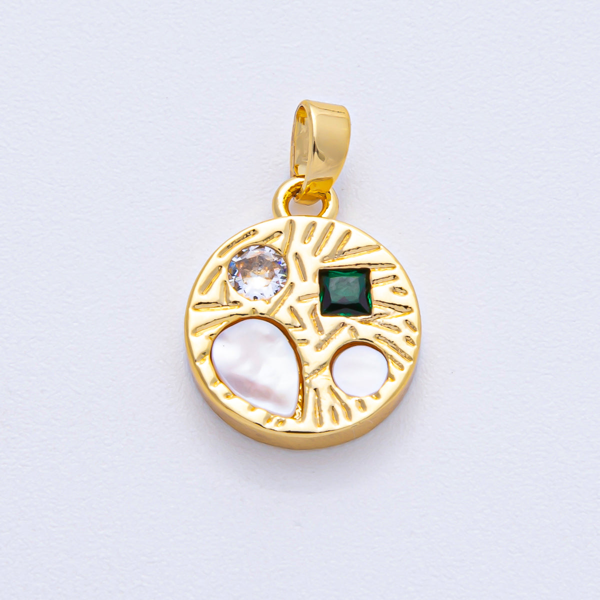 18K Gold Filled 13mm Multicolor CZ Shell Pearl Geometric Textured Round Pendant | AF1207