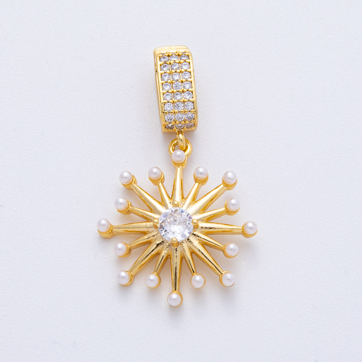 18K Gold Filled Shell Pearl Micro Paved CZ Celestial Sunburst Pendant | AF1212