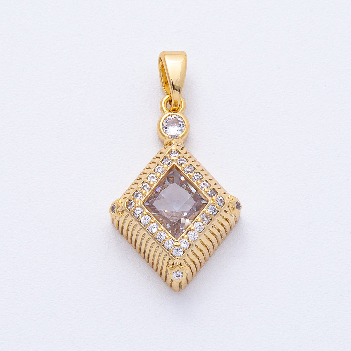18K Gold Filled 22mm Clear CZ Micro Paved Ribbed Rhombus Pendant | AF1228