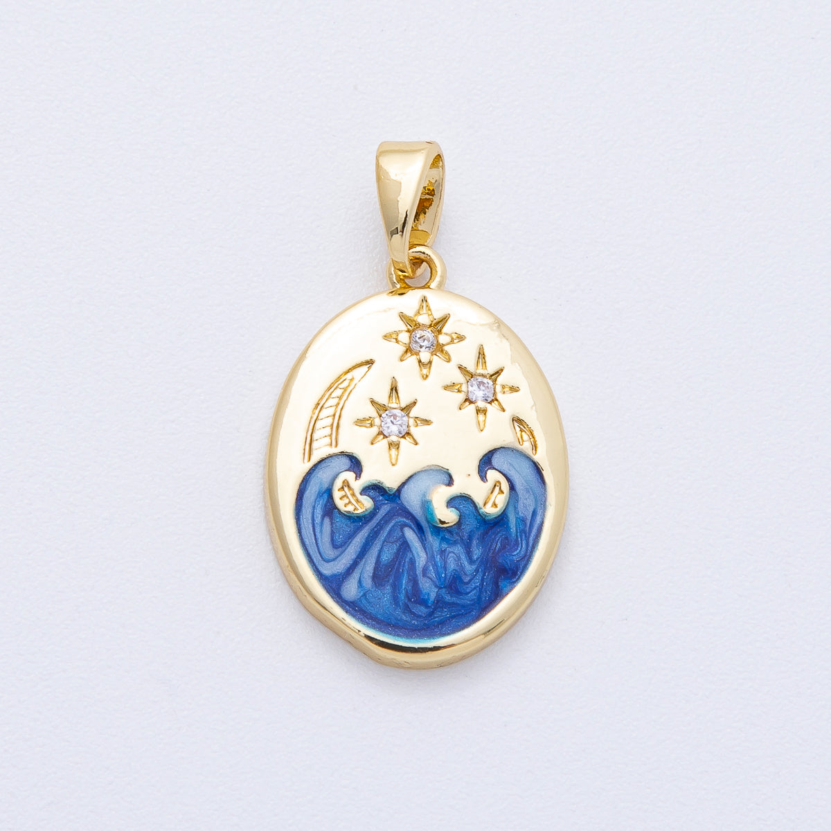 18K Gold Filled 20mm Clear CZ Celestial Crescent Moon Star Sea Ocean Oval Pendant | AF1233