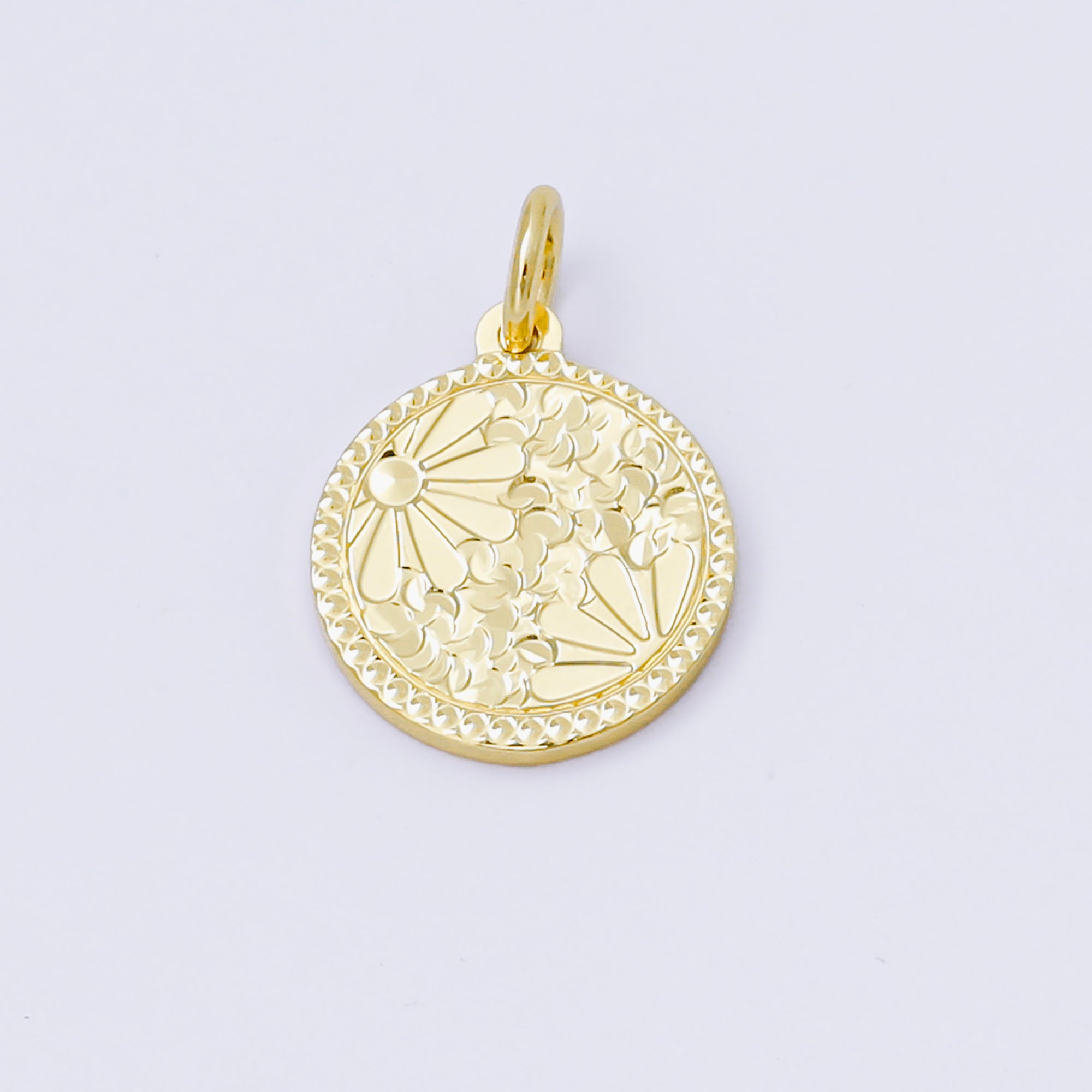 24K Gold Filled 14mm Floral Medallion Coin Charm | AF1249