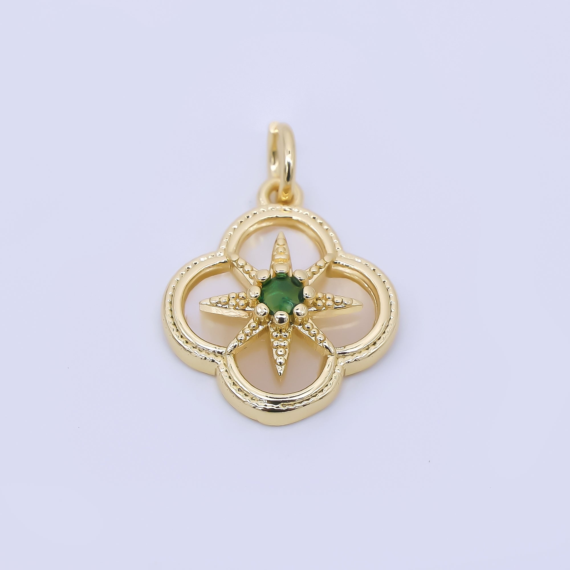 24K Gold Filled 16mm Green Round CZ Lucky Clover Northern Star Charm | AF1275