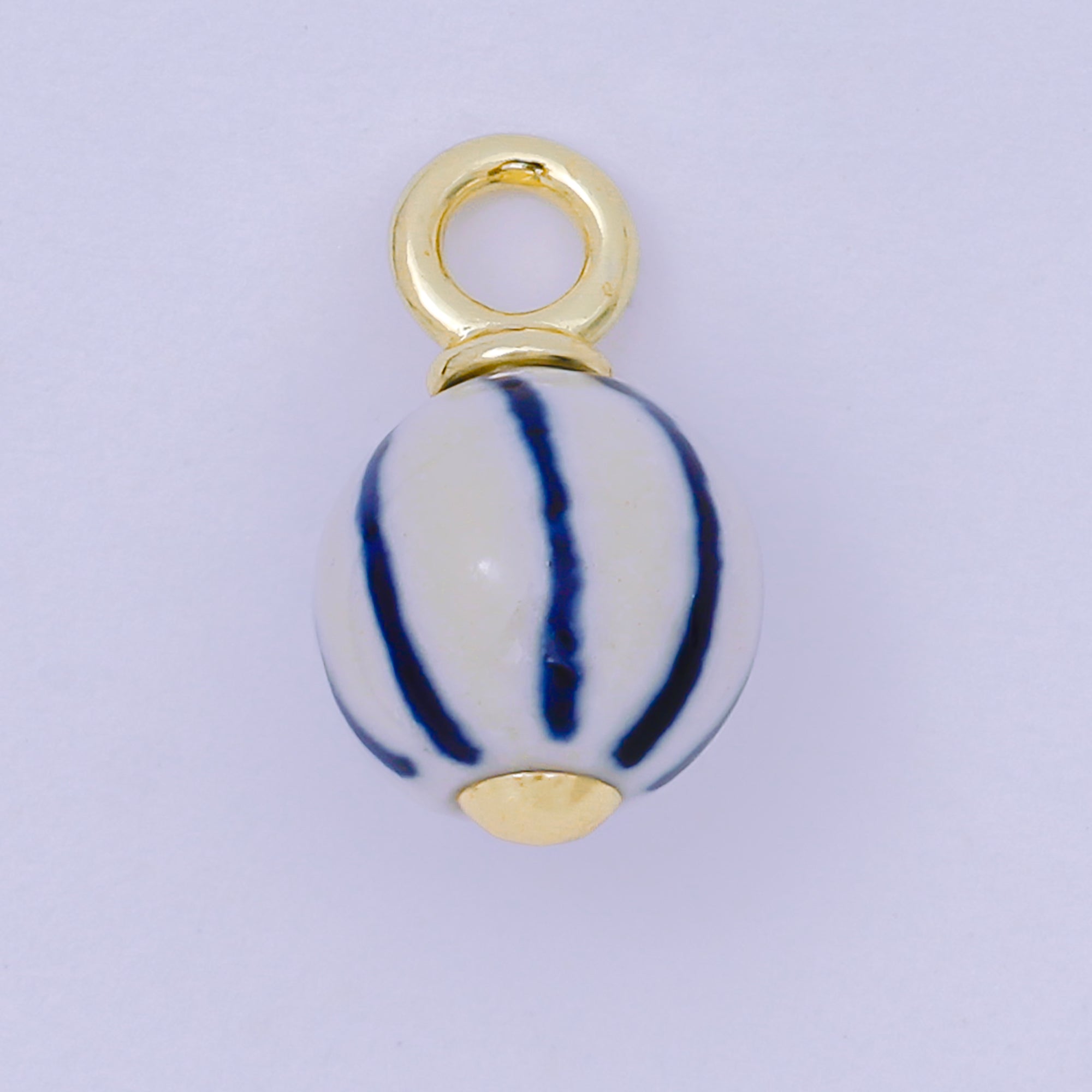 24K Gold Filled Blue-White Stripes Porcelain Ceramic Oblong Drop Charm | AF1279