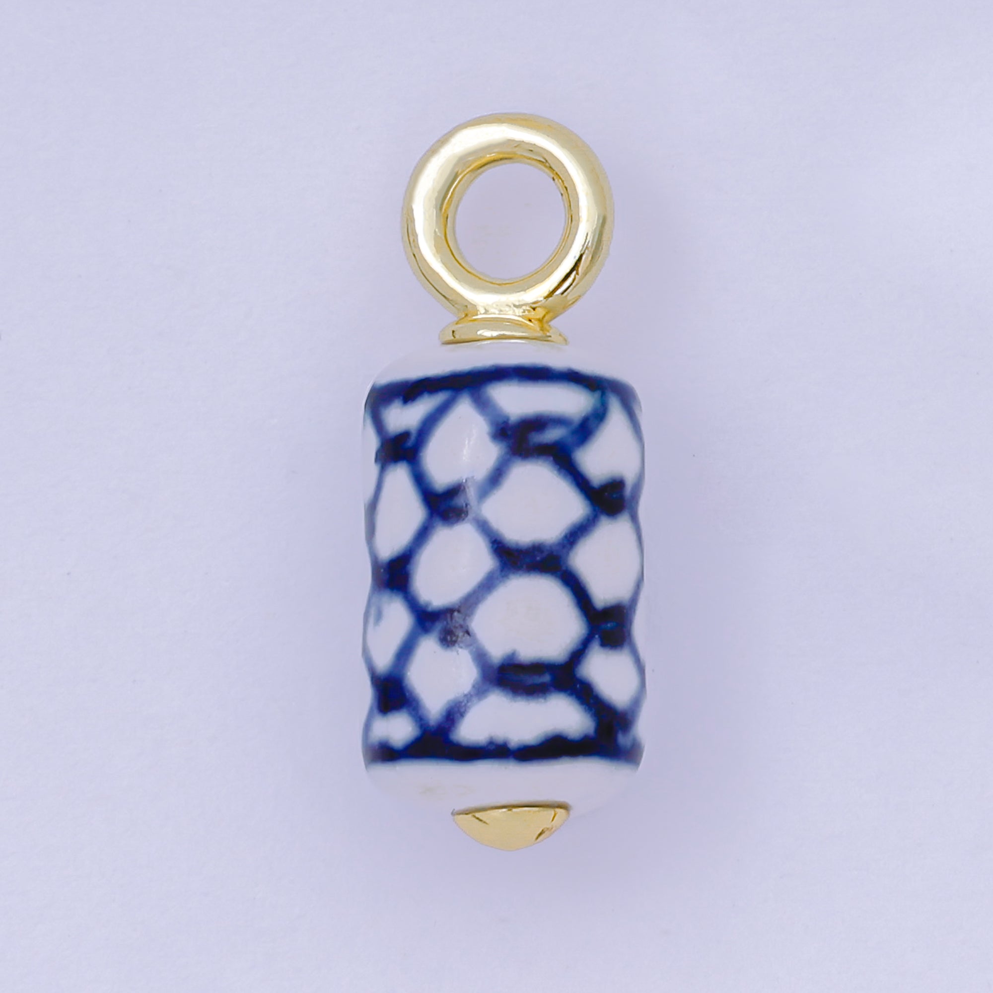 24K Gold Filled 25mm Blue-White Fish Net Porcelain Ceramic Cylinder Drop Charm | AF1281
