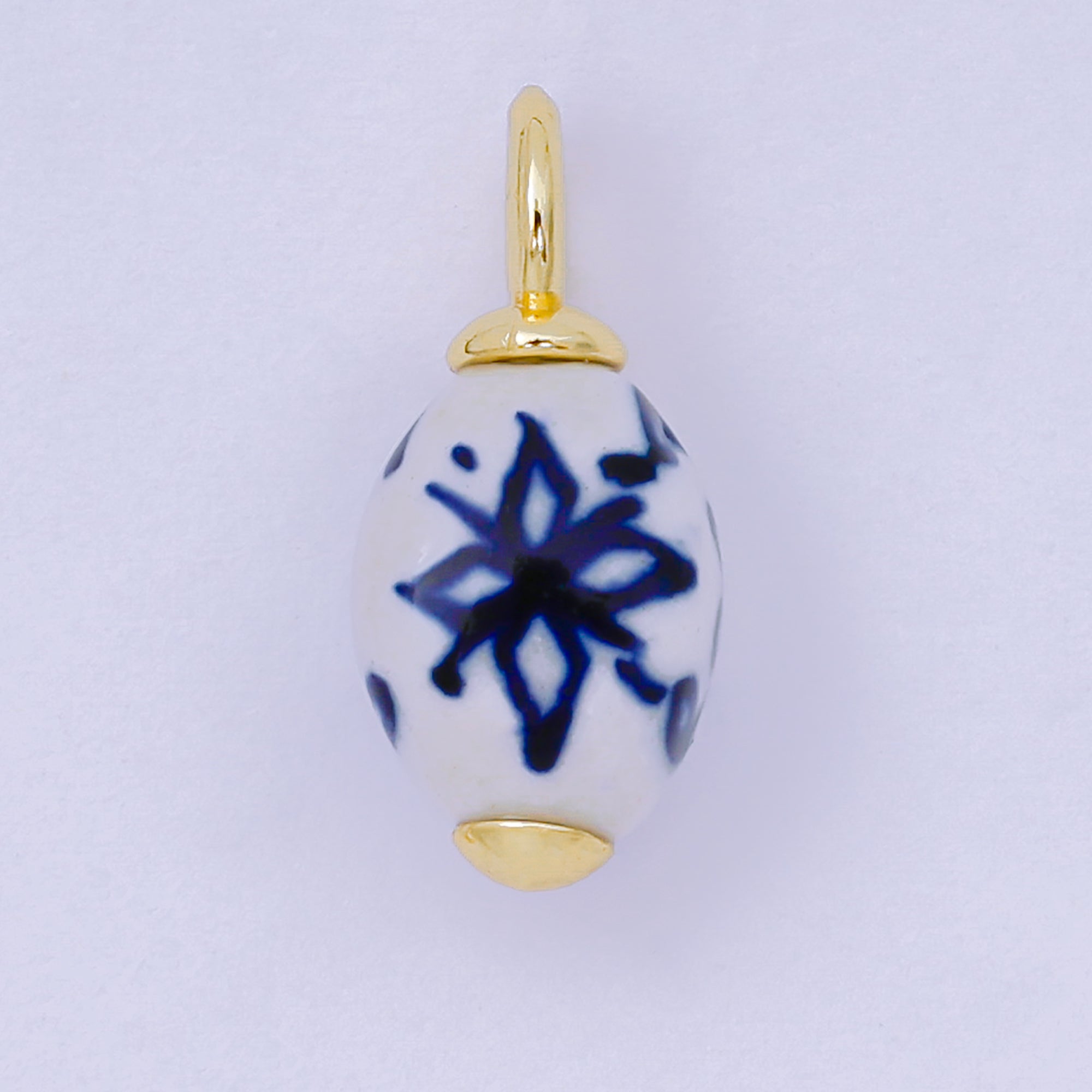 24K Gold Filled 20mm Blue-White Lotus Flower Ceramic Drop Charm | AF1284