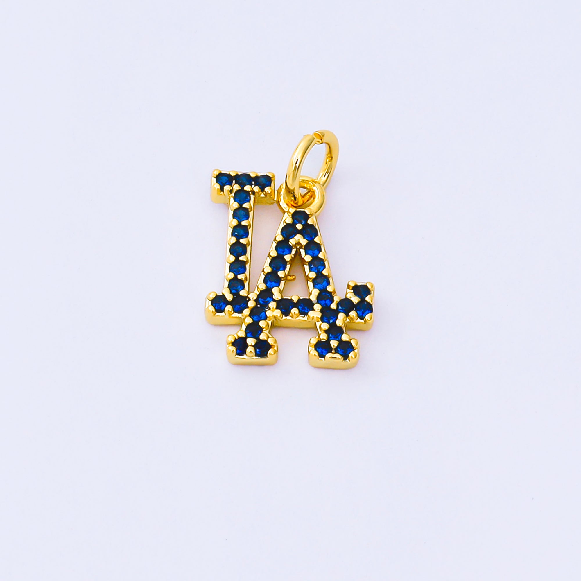 24K Gold Filled 13mm Royal Blue Micro Paved CZ Los Angeles Script "LA" Charm in Gold & Silver | AF1288