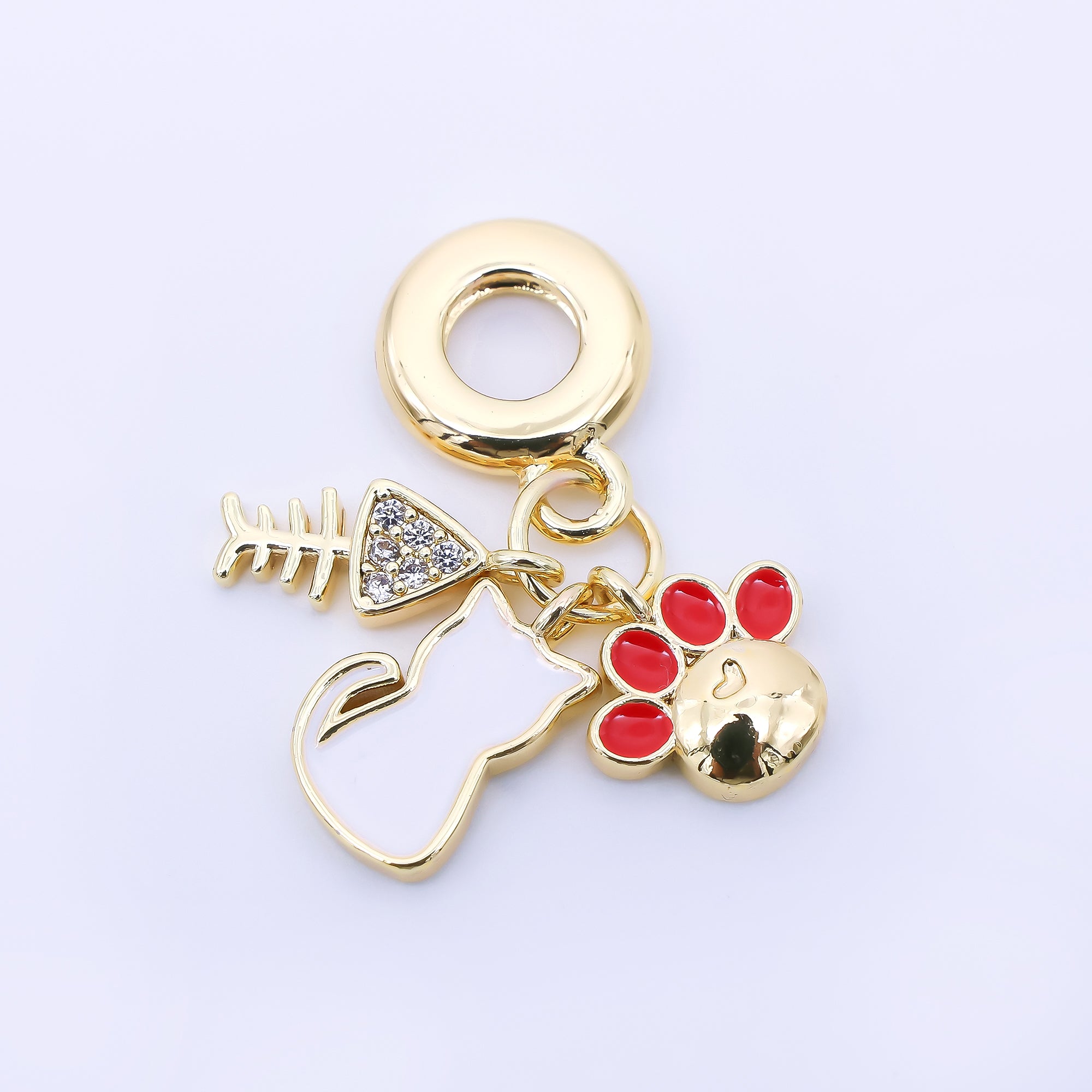 24K Gold Filled 13mm European Style Fishbone, Cat, Paw Print Rondelle Set Charm | AF1308