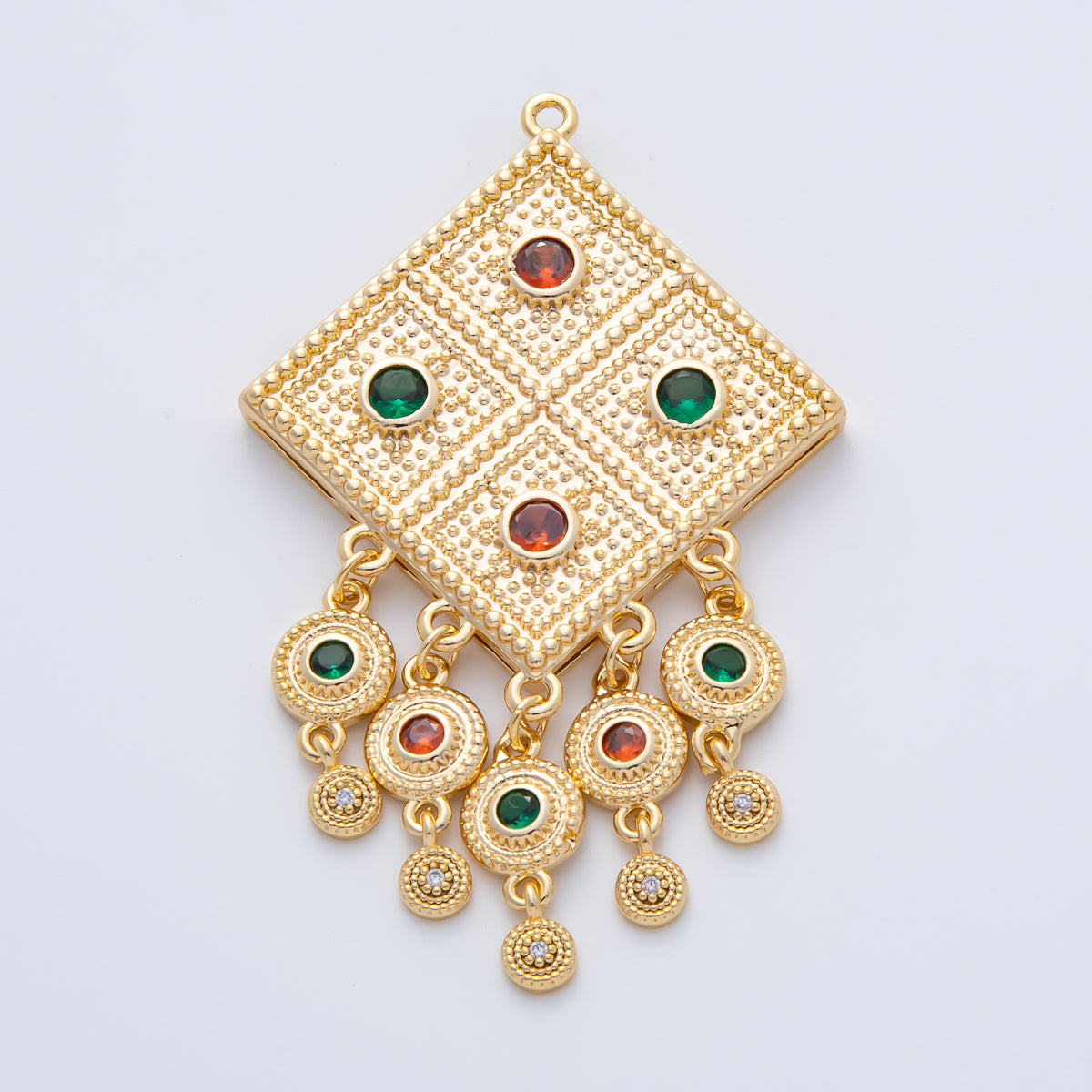 18K Gold Filled 64mm Multicolor CZ Artisan Dotted Rhombus Round Drop Charm | AF1417
