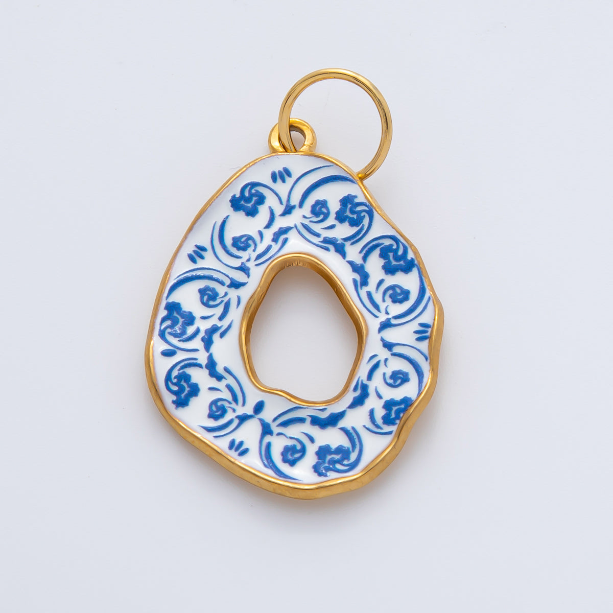 18K Gold Plated 34mm Handpainted Blue Enamel Donut Floral Charm | AF1420