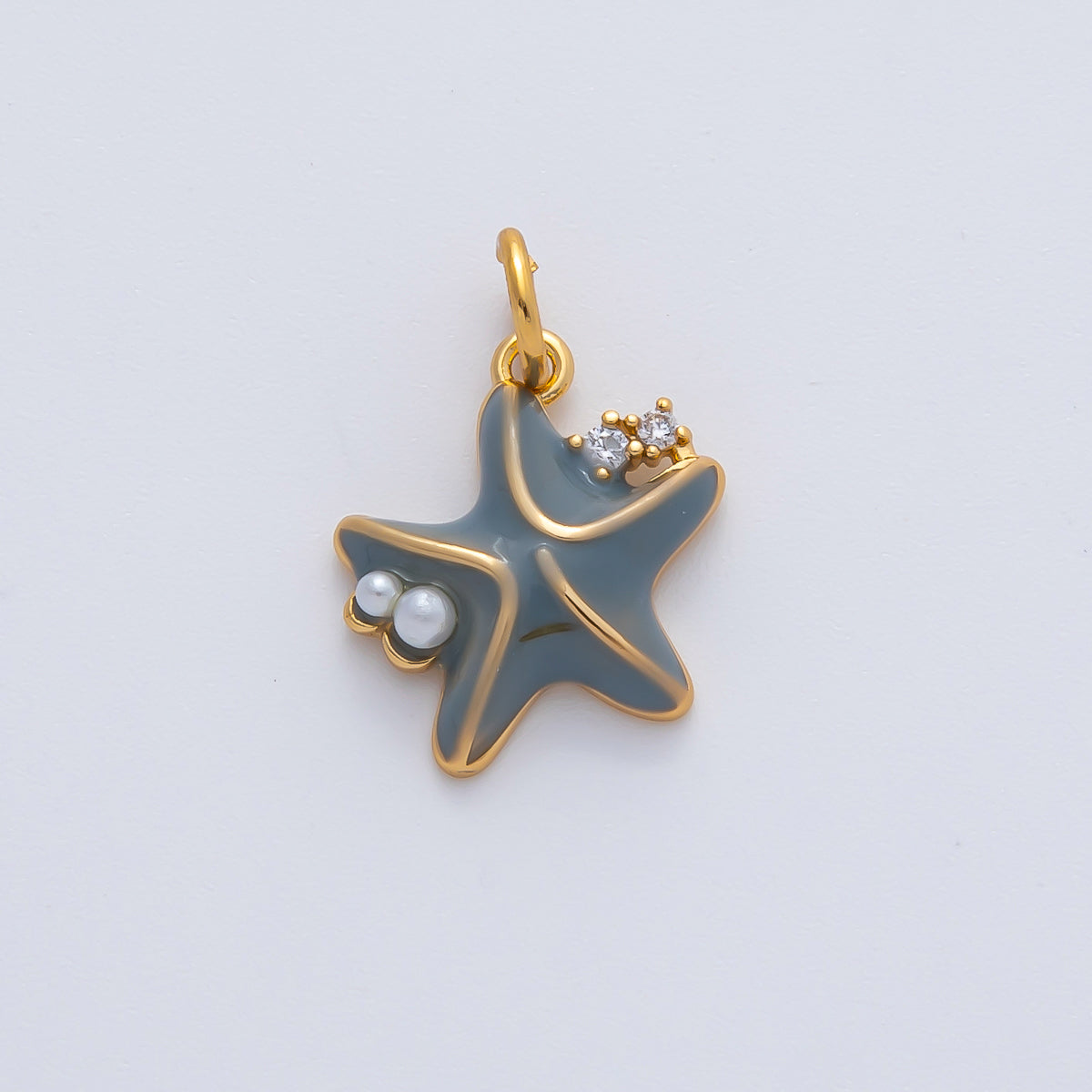 18K Gold Filled 18mm Shell Pearl CZ Grey Starfish Charm | AF1428