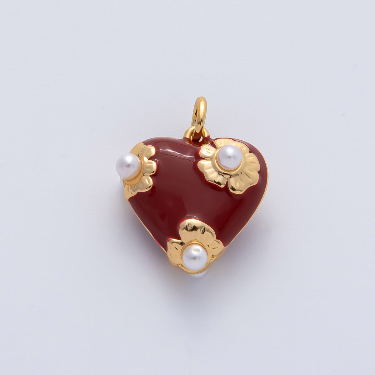 18K Gold Filled 15mm White, Red Shell Pearl Flower Chubby Heart Multidimensional 3D Charm | AF1429