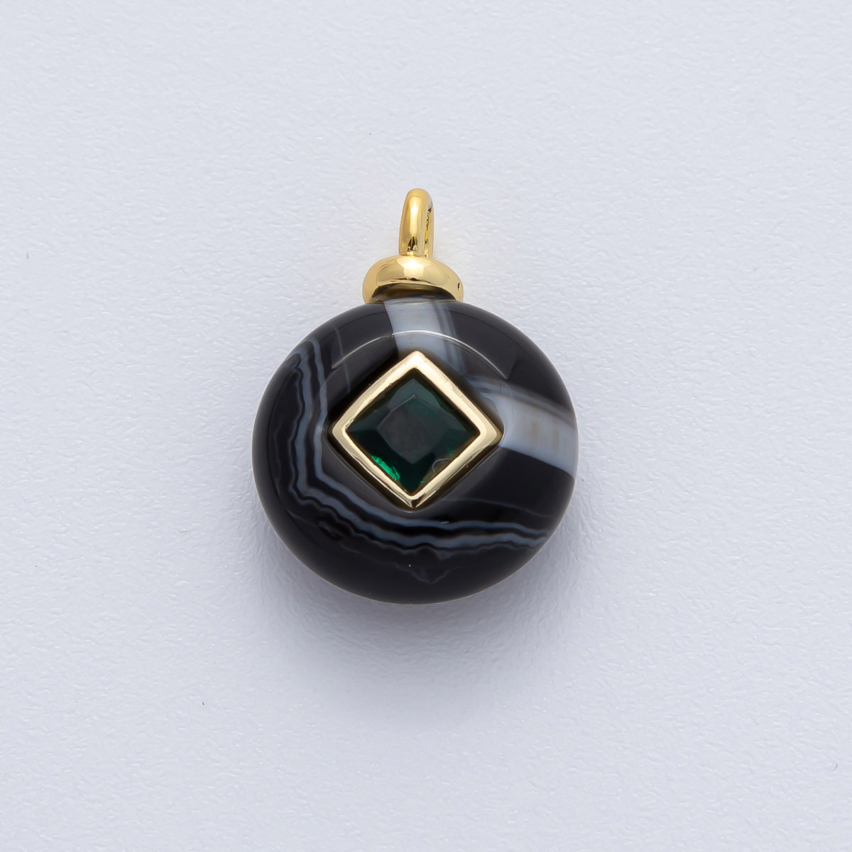 18K Gold Filled 18mm Black Agate with Emerald Green CZ Round Natural Gemstone Pendant | AF1449