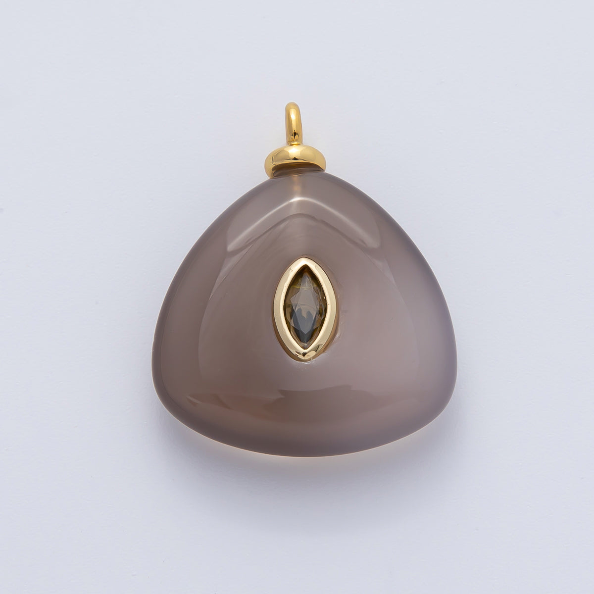 18K Gold Filled 25mm Grey Icy Obsidian with Smoky Quartz CZ Puffy Triangle Natural Gemstone Pendant | AF1452