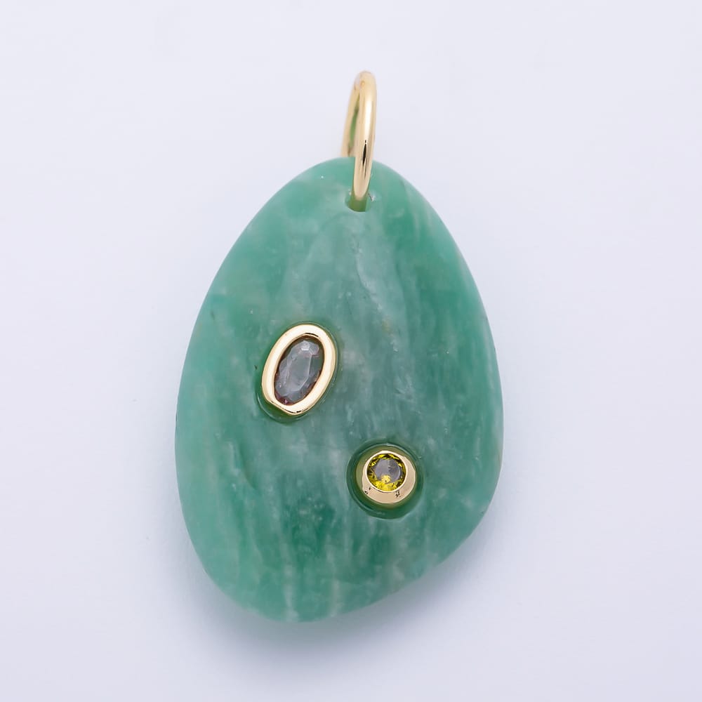 18K Gold Filled 30mm Aventurine, Amethyst, Amazonite, Carnelian, Onyx, Clear Quartz Multicolor CZ Embedded Gemstone Charm | AF1487 - AF1489