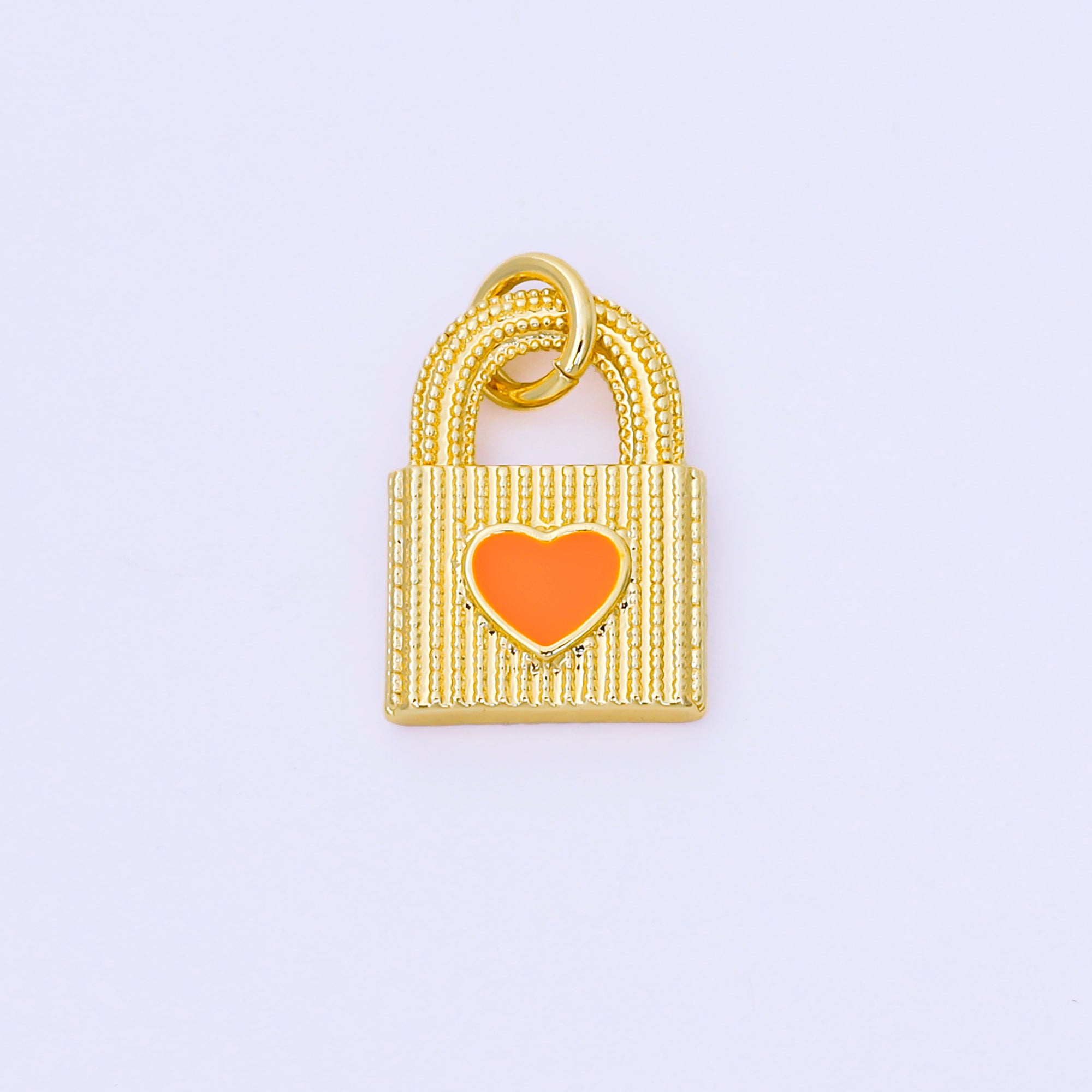 24K Gold Filled 17mm Handpainted Orange Enamel Heart Padlock Charm | AF1505