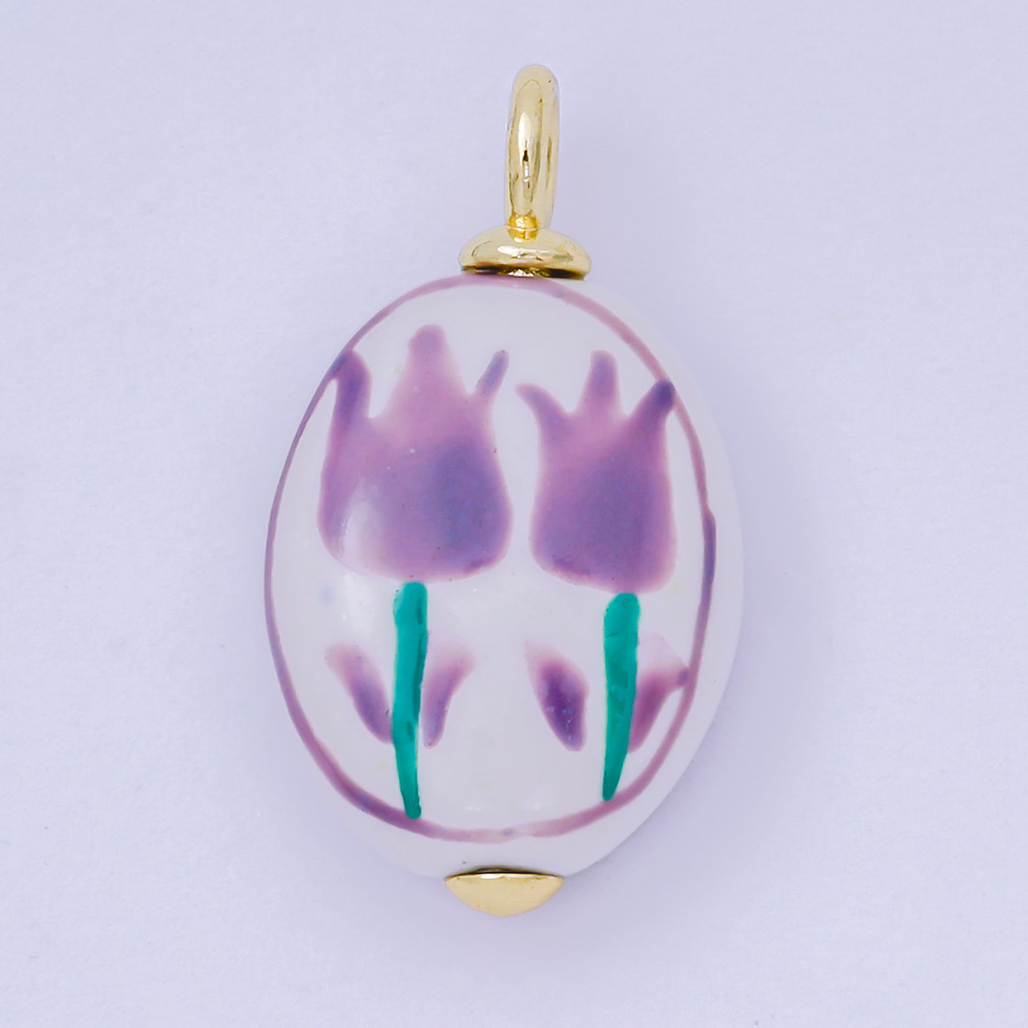 24K Gold Filled 29mm Handmade Ceramic Green, Purple Roses Vintage Charm | AF1514