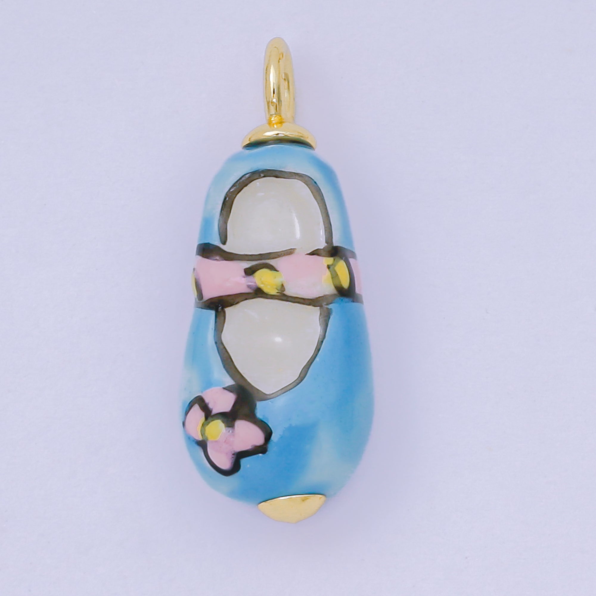 24K Gold Filled 28.5mm Handmade Ceramic Blue, Pink Flower Vintage Charm | AF1517