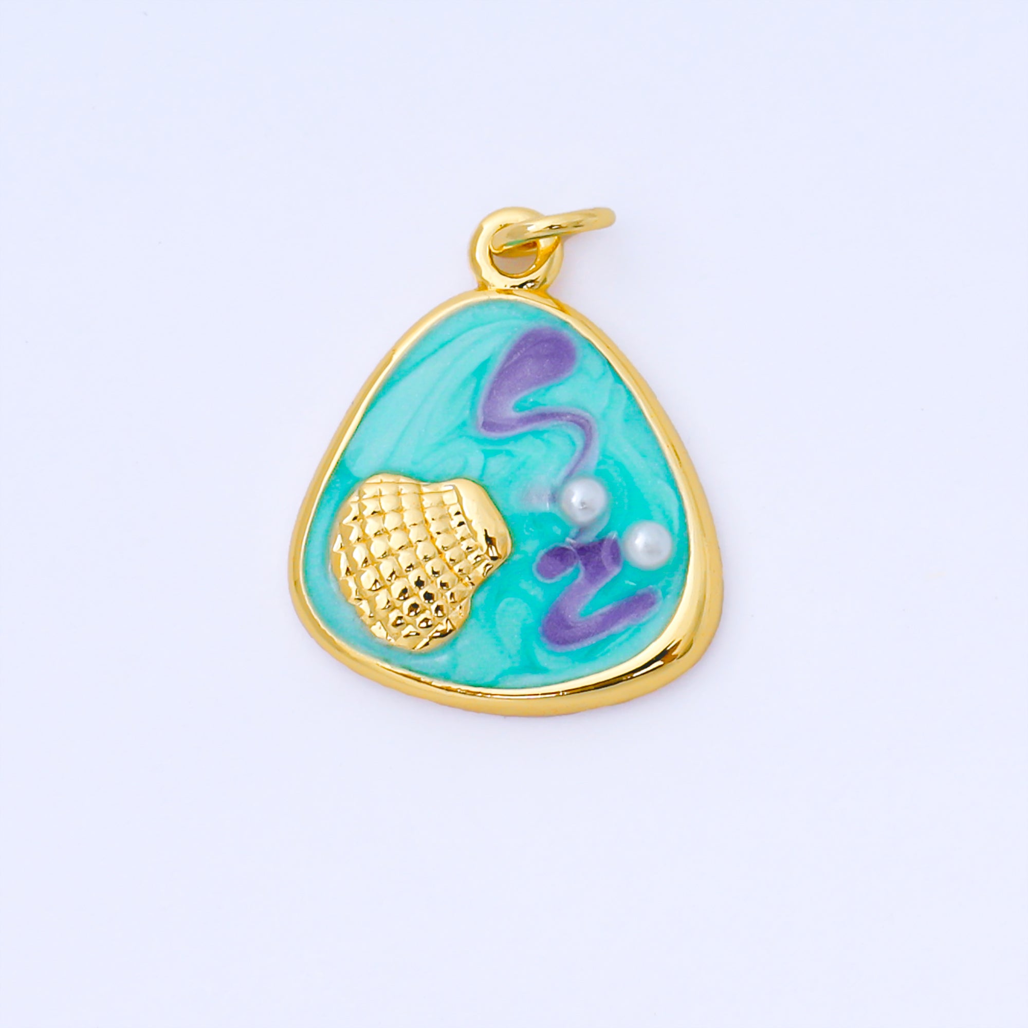 24K Gold Filled 20mm Handpainted Teal, White, Purple Enamel Clam Shell Medallion Charm | AF1544 AF1545