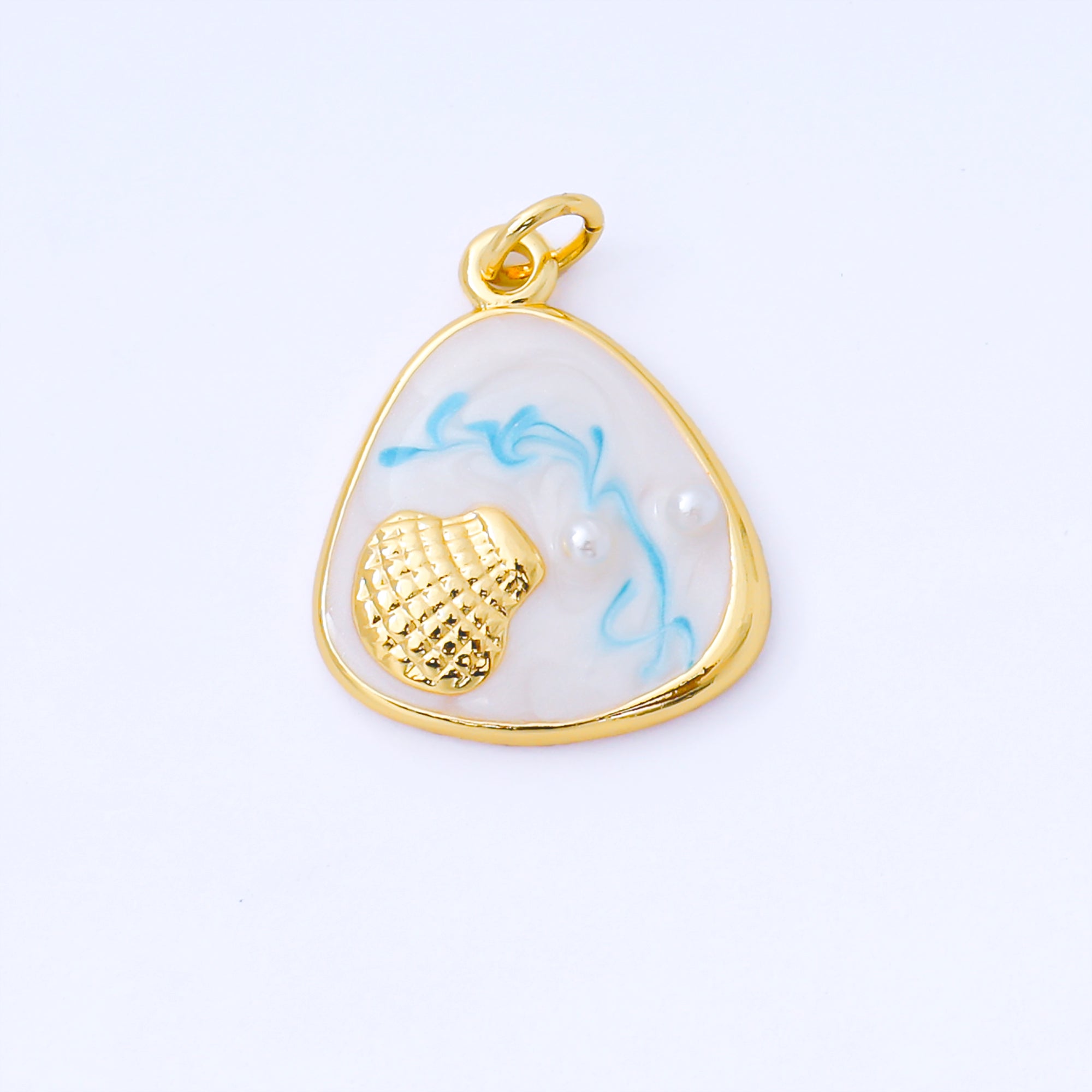 24K Gold Filled 20mm Handpainted Teal, White, Purple Enamel Clam Shell Medallion Charm | AF1544 AF1545