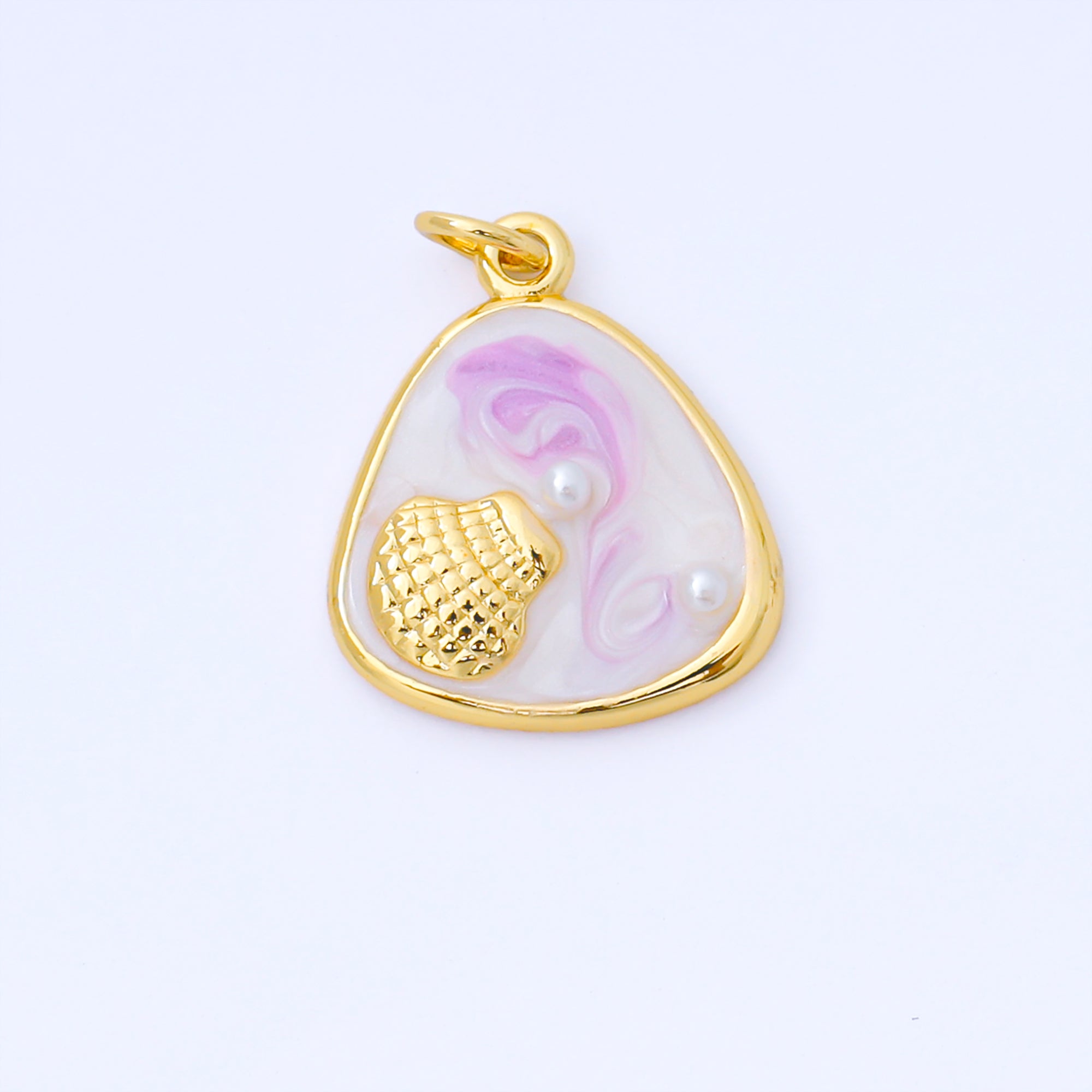 24K Gold Filled 20mm Handpainted Teal, White, Purple Enamel Clam Shell Medallion Charm | AF1544 AF1545