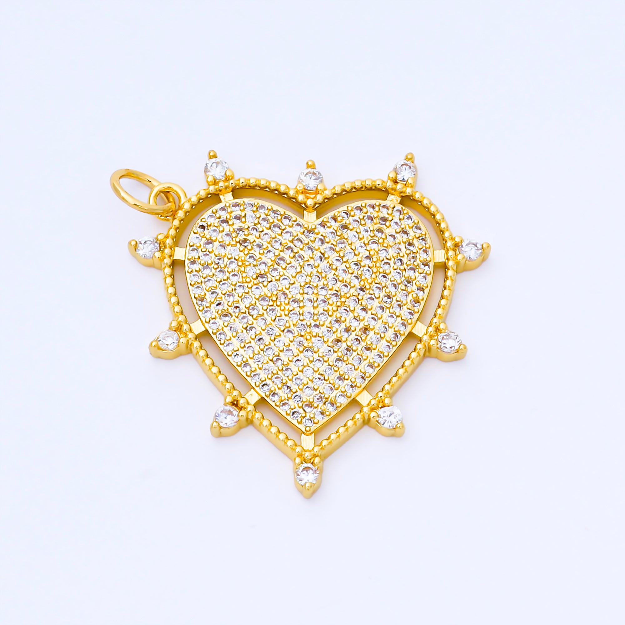 24K Gold Filled 30mm Micro Paved CZ Dotted Outline Heart Charm | AF1553