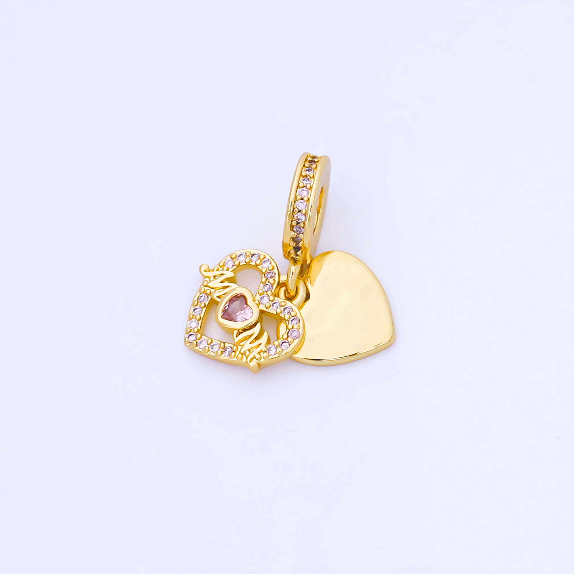 24K Gold Filled "MOM" Double Heart Pink Micro Paved CZ Rondelle Drop Pendant | AF1569