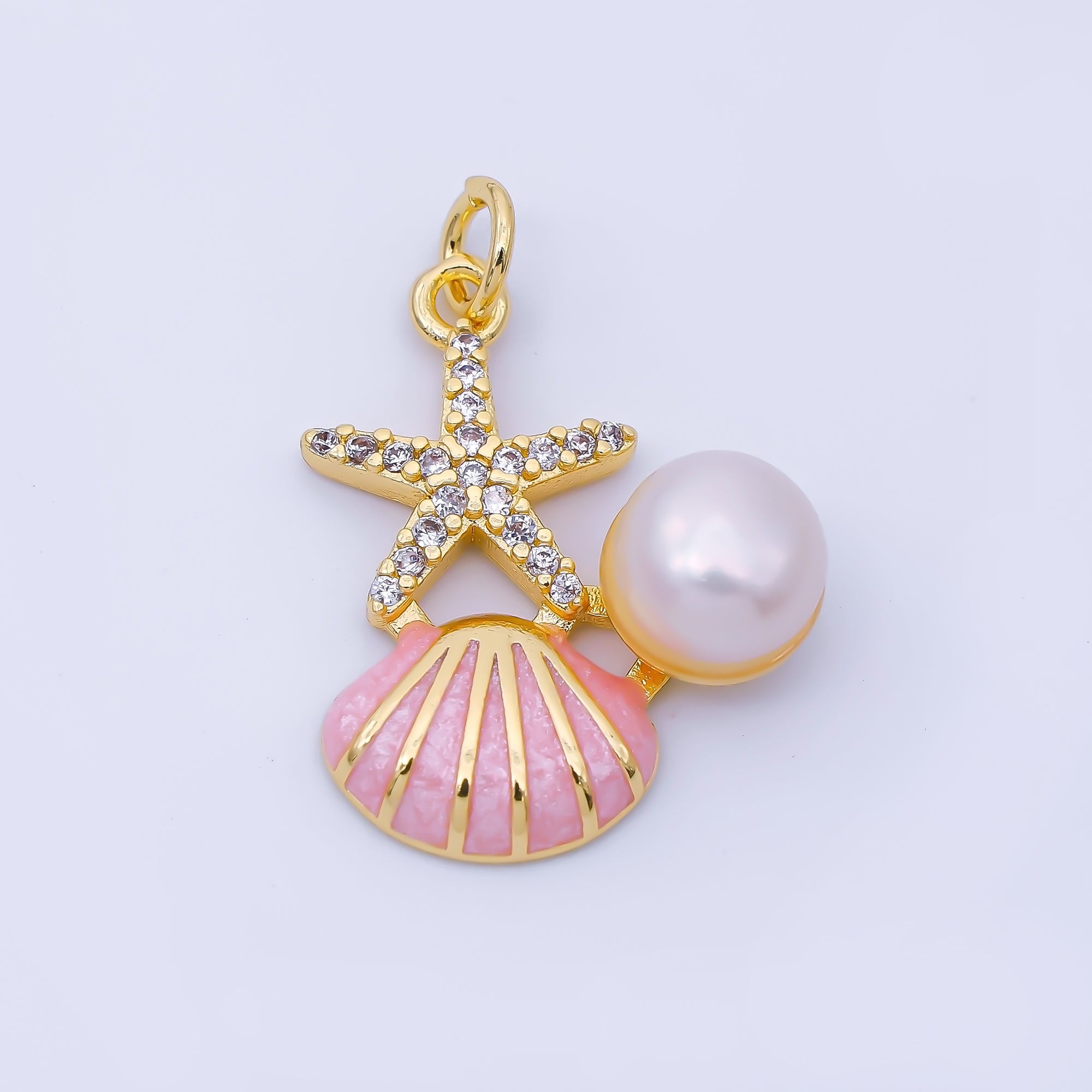24K Gold Filled 23mm White, Pink, Blue Micro Paved CZ Shell Pearl Starfish Clam Seashell Charm | AF1588 AF1589