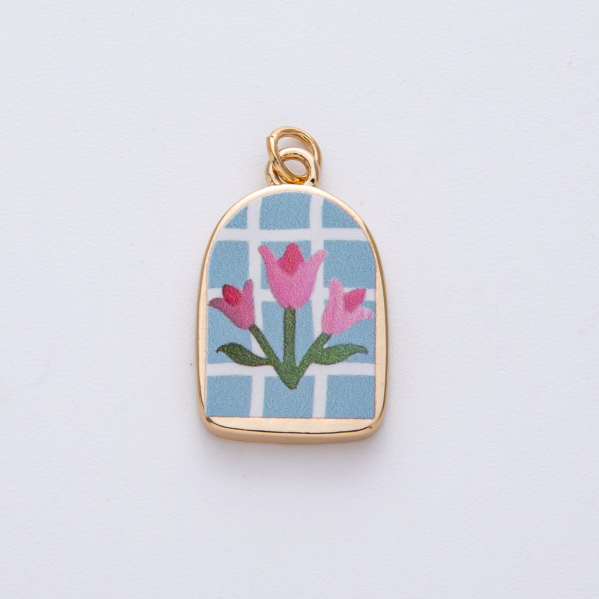 18K Gold Filled 23mm Pink-Blue Flower Enamel Charm | AF1596