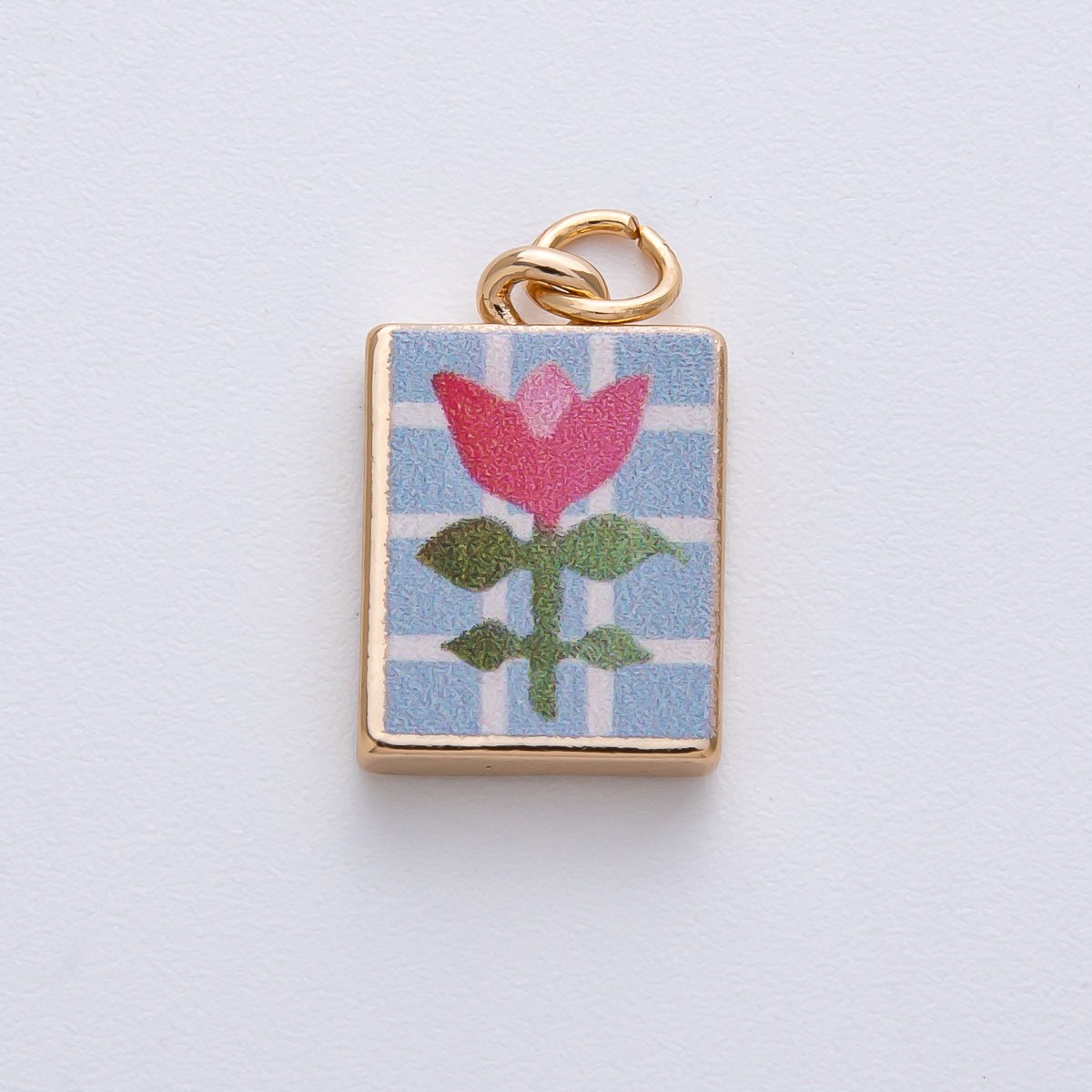 18K Gold Filled 18mm Pink Flower Blue Enamel Rectangular Charm | AF1598