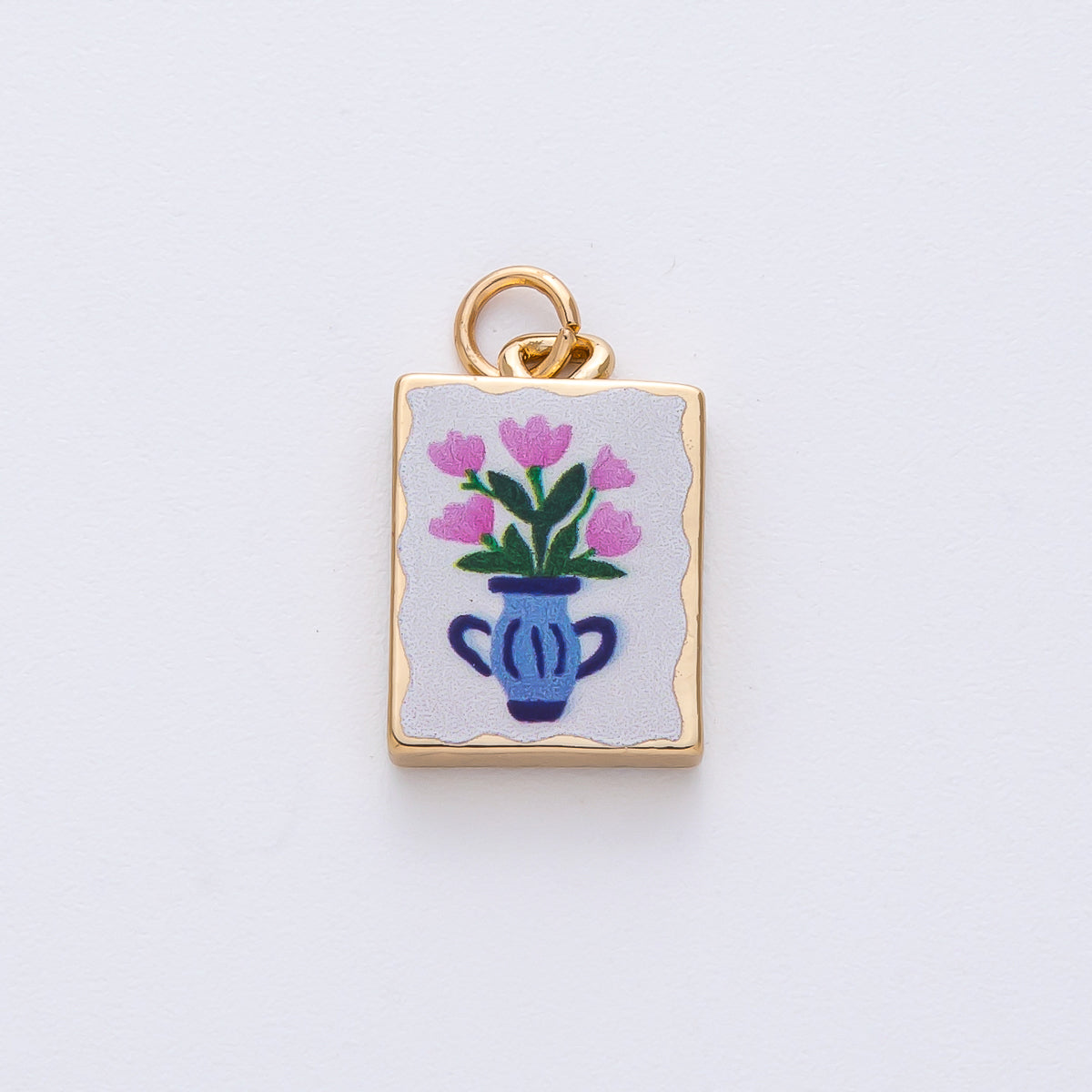 18K Gold Filled 18mm Pink Flower Blue Vase White Enamel Rectangular Charm | AF1601