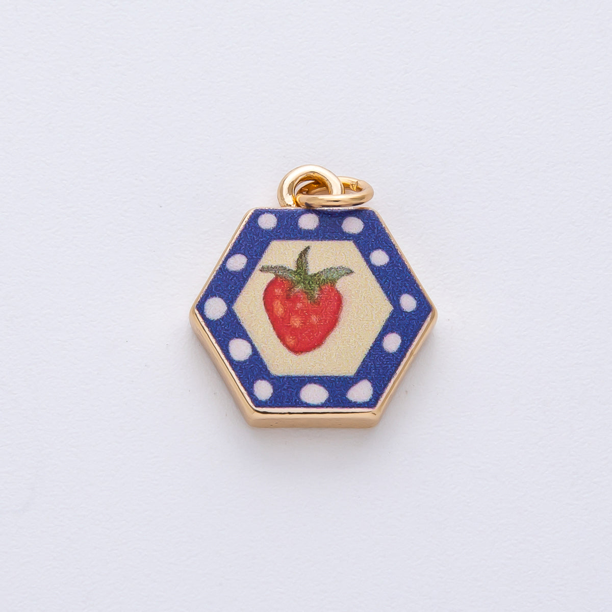 18K Gold Filled 17.5mm Strawberry Fruit Blue Hexagon Charm | AF1603