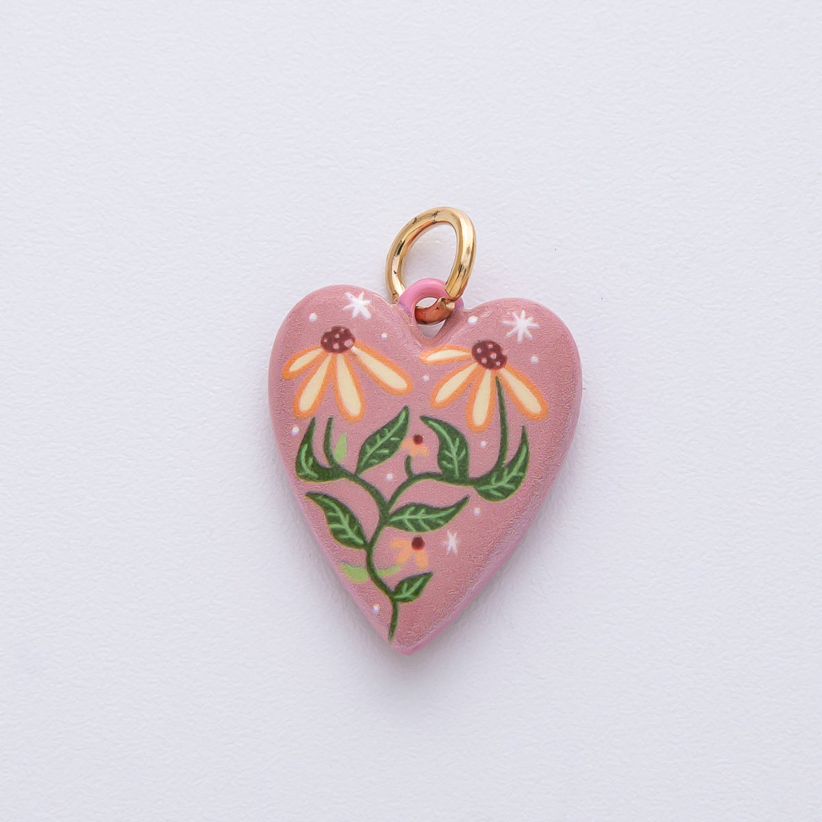 18K Gold Filled 19.5mm Pink-Red Double Sided Flower Enamel Heart Charm | AF1617