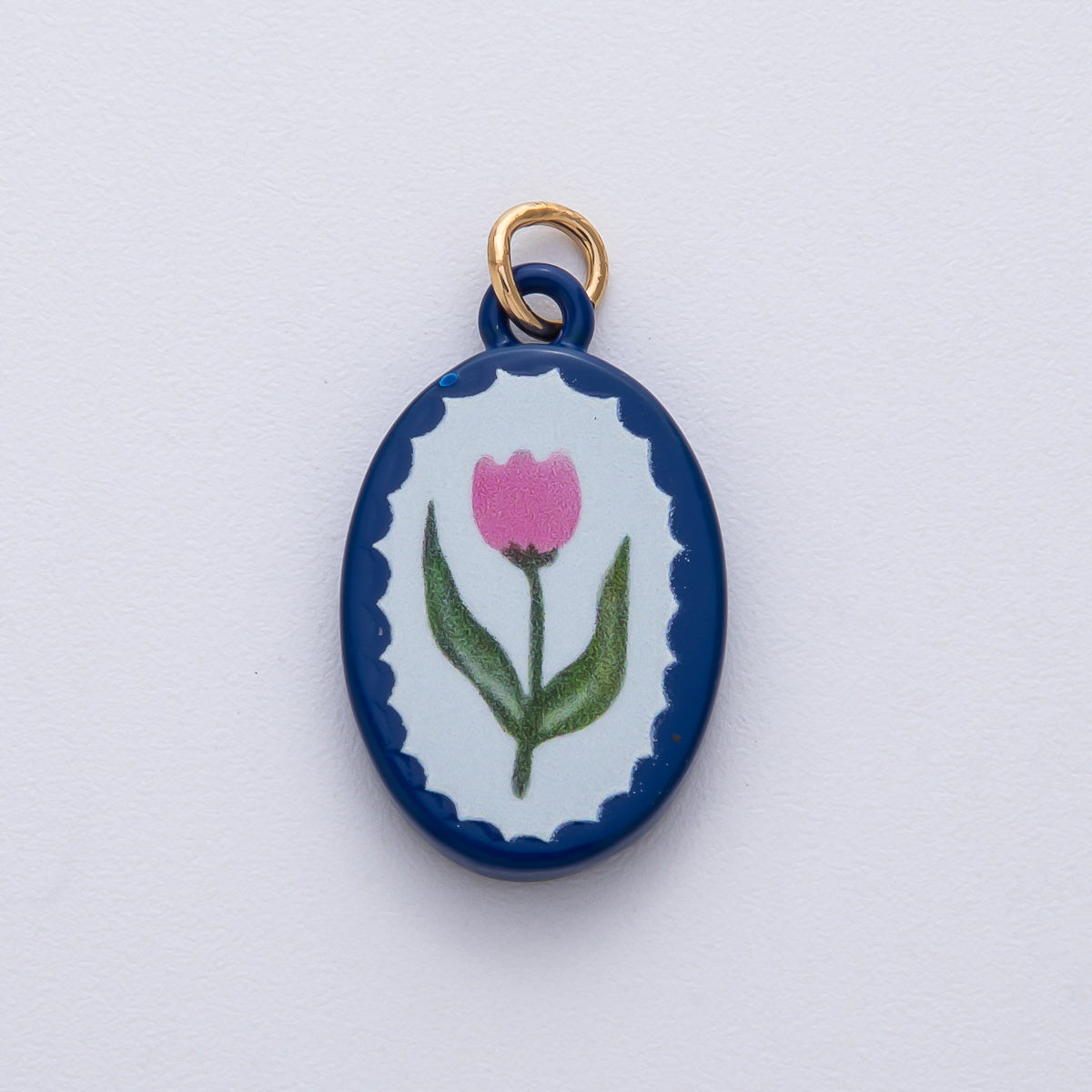 18K Gold Filled 23mm Pink Blue Enamel Flower Oval Charm | AF1624