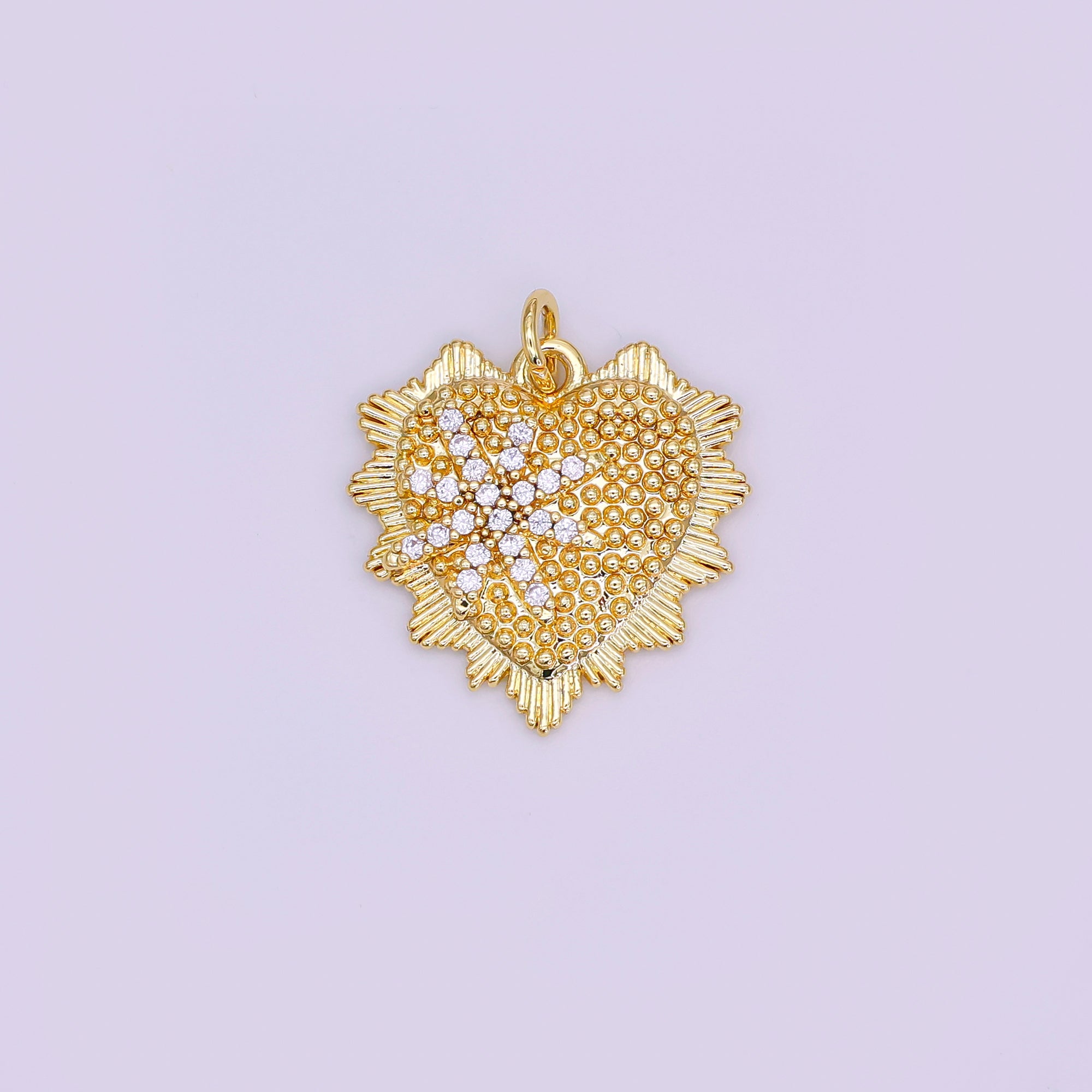 24K Gold Filled 20mm Star Micro Paved CZ Dotted Sunburst Heart Charm | AF459