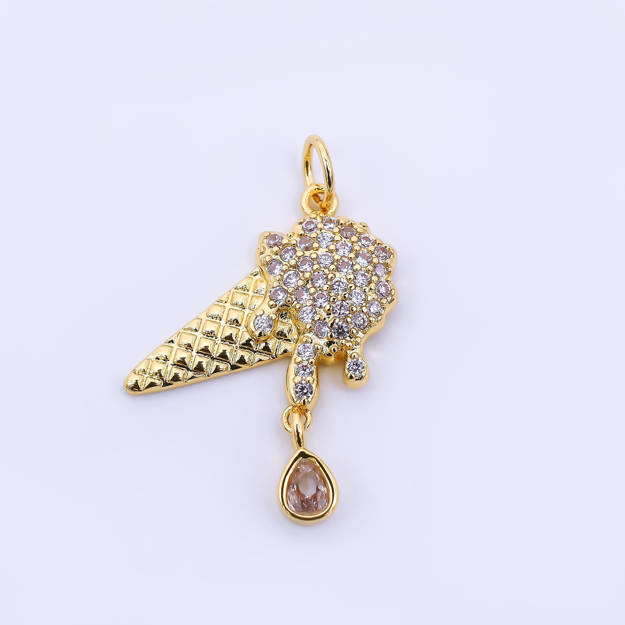 24K Gold Filled 13mm Micro Paved & Brown Teardrop CZ Melting Ice Cream Drop Charm | AF-513