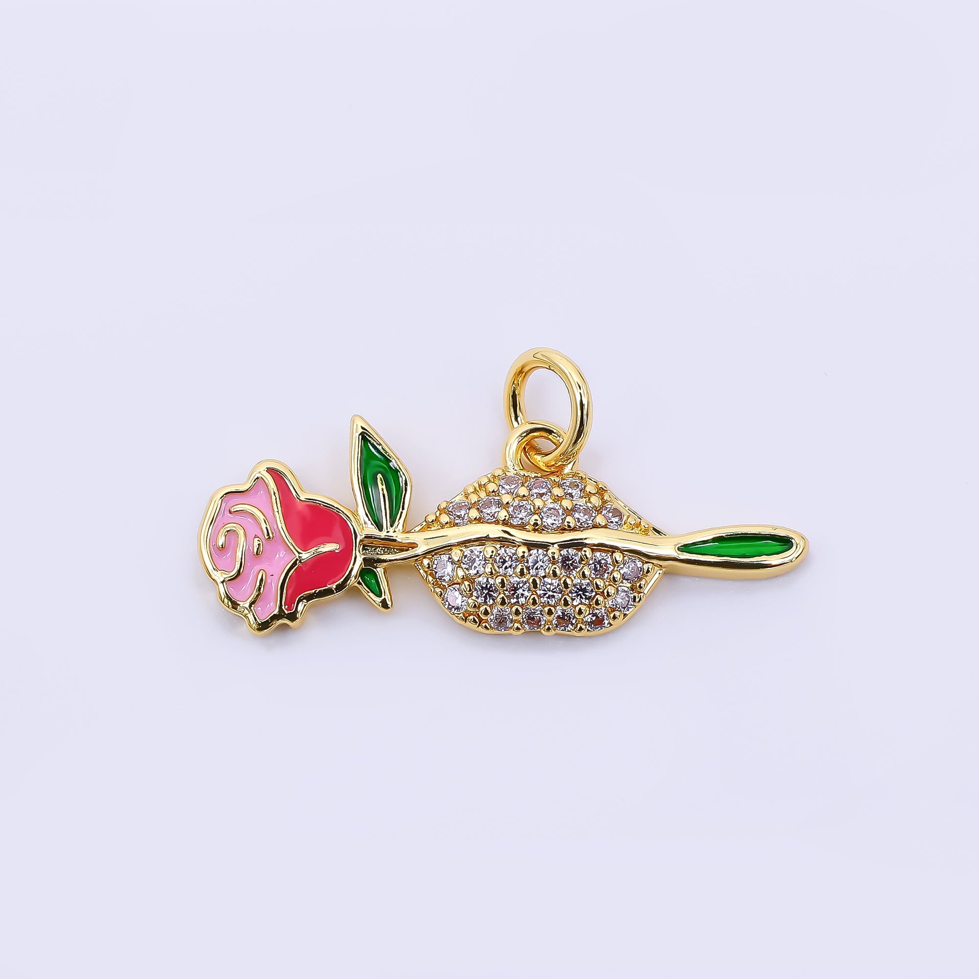 24K Gold Filled 9mm Micro Paved CZ Enamel Art Mouth & Rose Flower Charm | AF-514