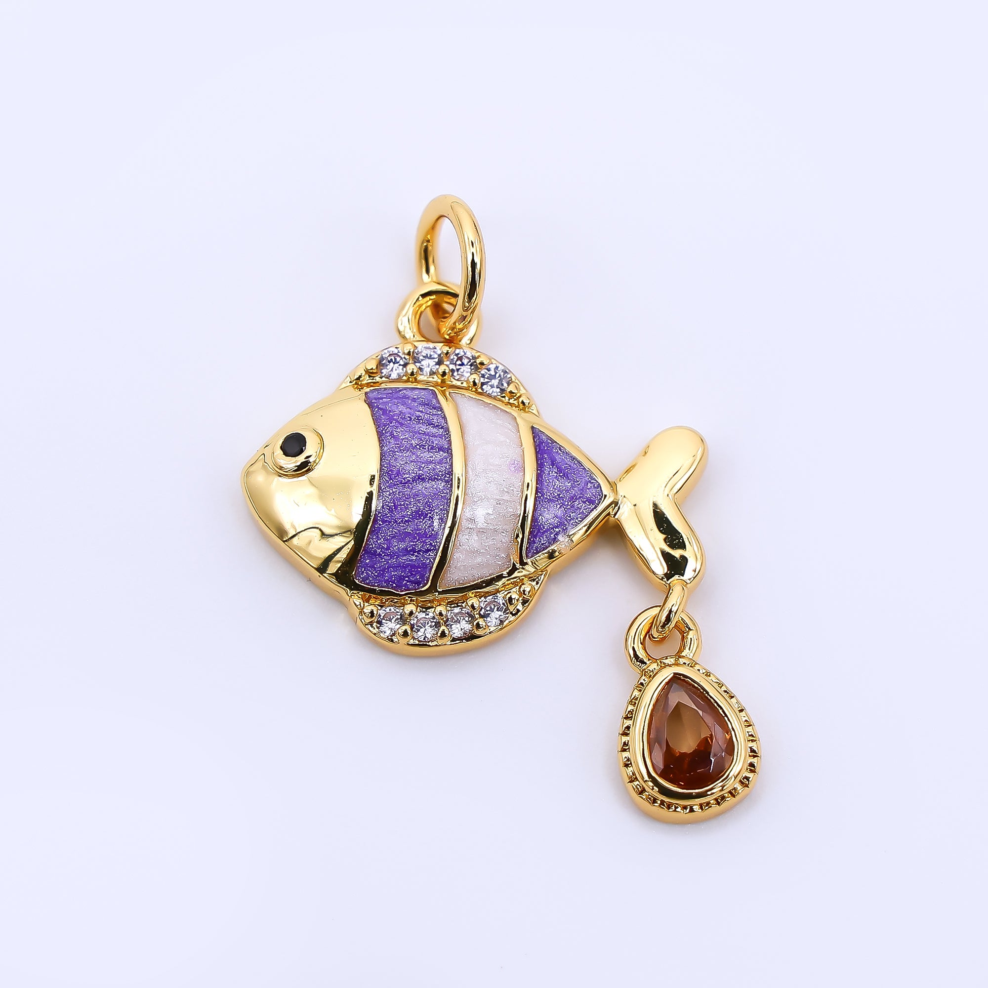 24K Gold Filled 13mm Micro Paved, Brown Teardrop, & Purple CZ Ocean Tiny Sea Fish Drop Charm | AF-516