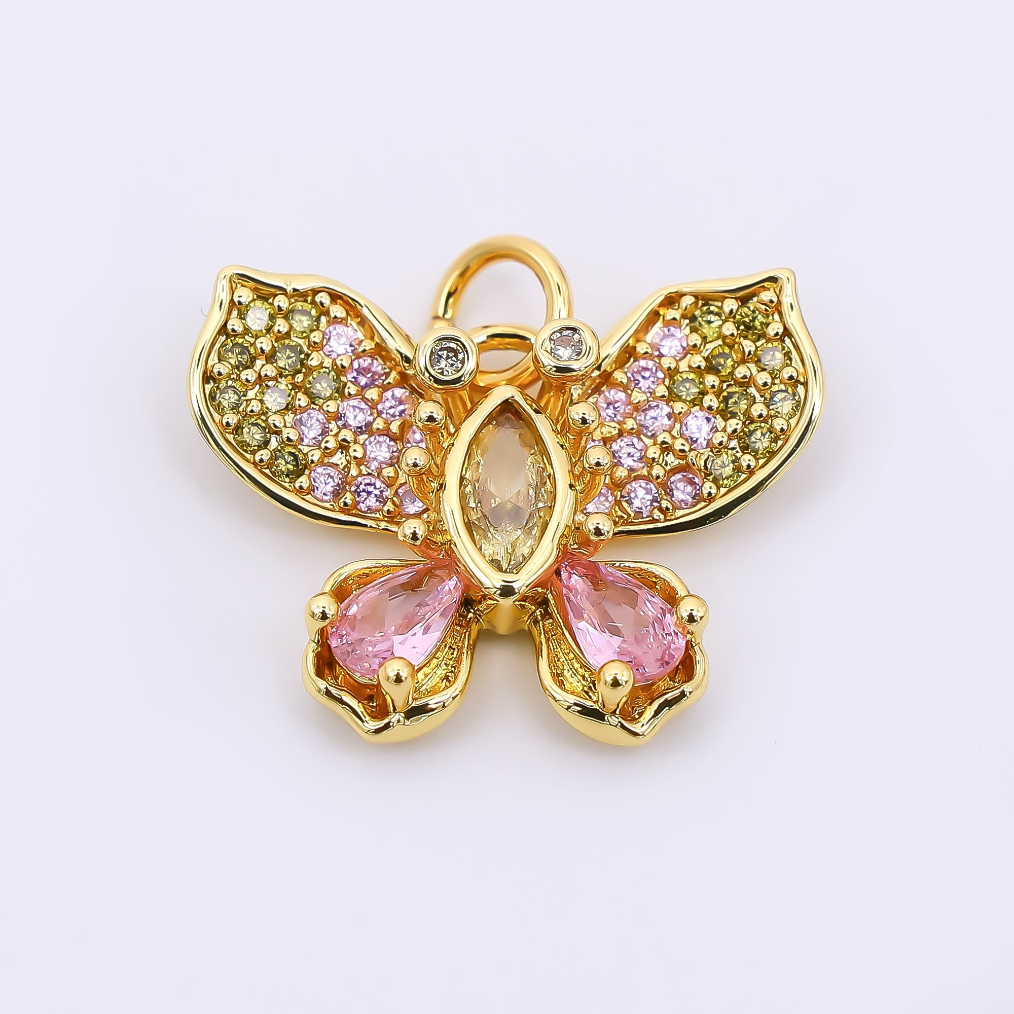 24K Gold Filled 15mm Mixed-Cut Pink CZ Big Butterfly Wings Animal Charm | AF-517