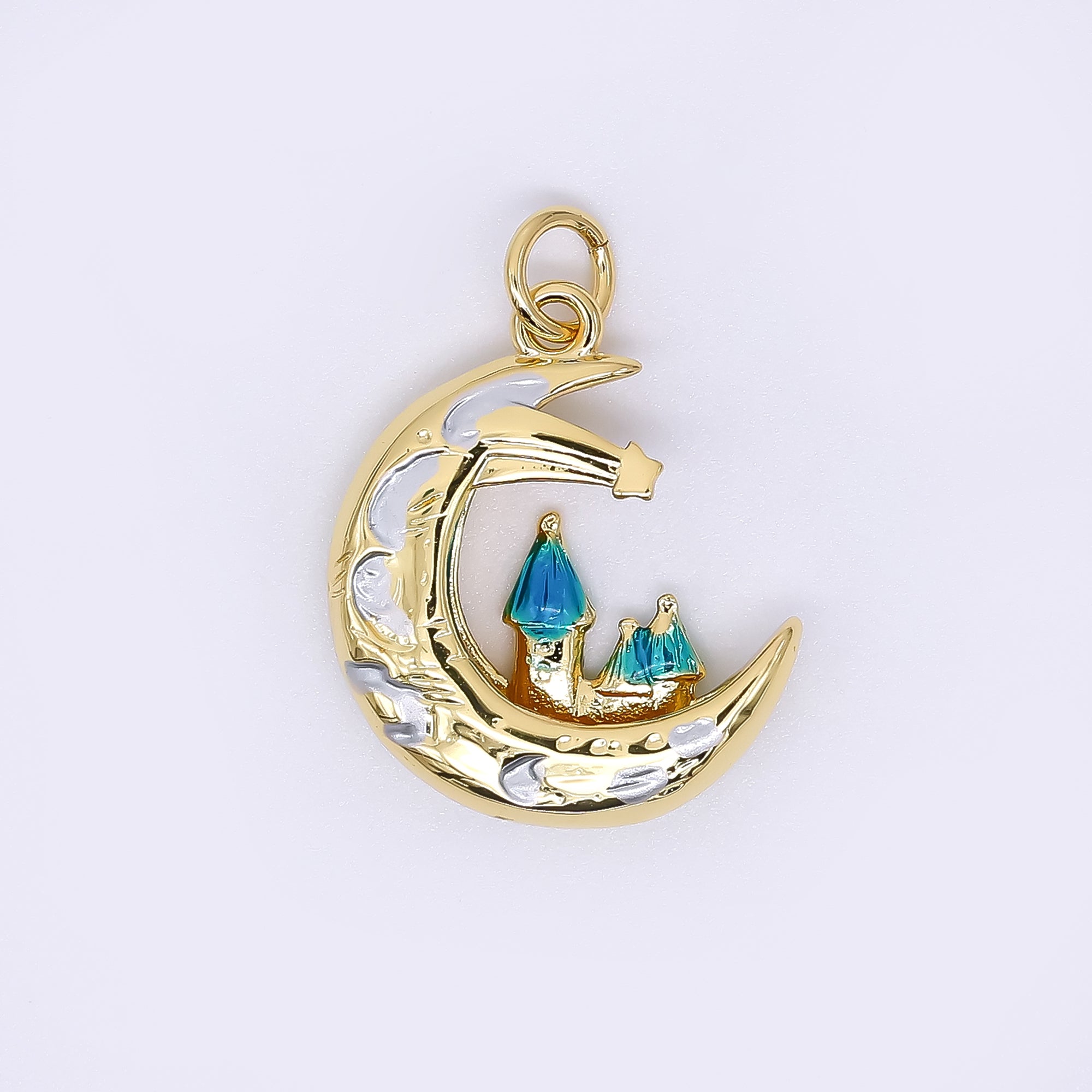 24K Gold Filled 19.5mm Enamel Art Crescent Moon Shooting Star Fantasy City Charm | AF-519