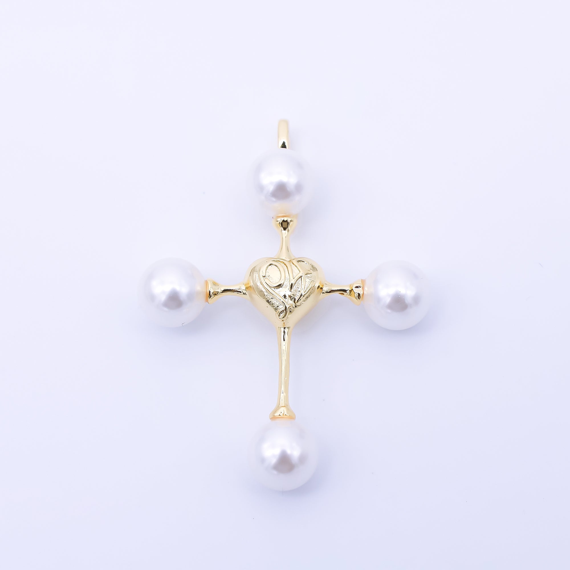 24K Gold Filled 44mm Shell Pearl Christian Cross Heart Pendant | AF570