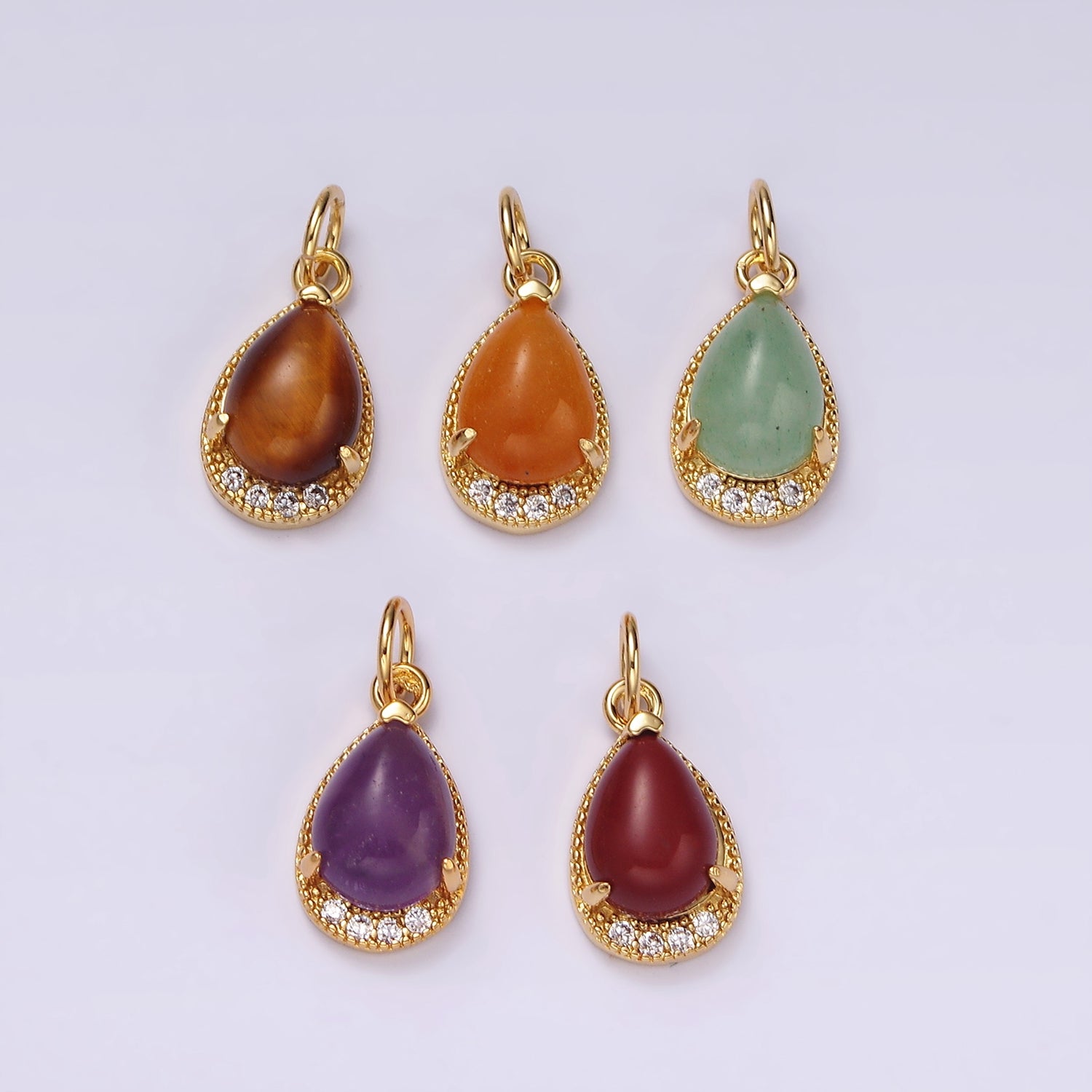 14K Gold Filled Carnelian, Citrine, Aventurine, Tiger Eye, Amethyst Micro Paved CZ Teardrop Charm | AG481 - AG485