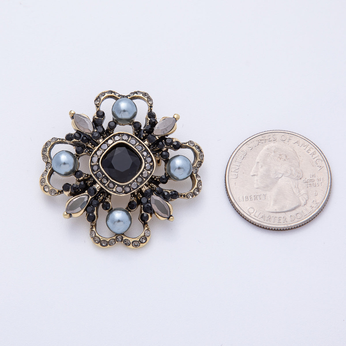 Vintage Antique Gold Flower Blue Black Gray Crystal Brooch Pin | BH-006