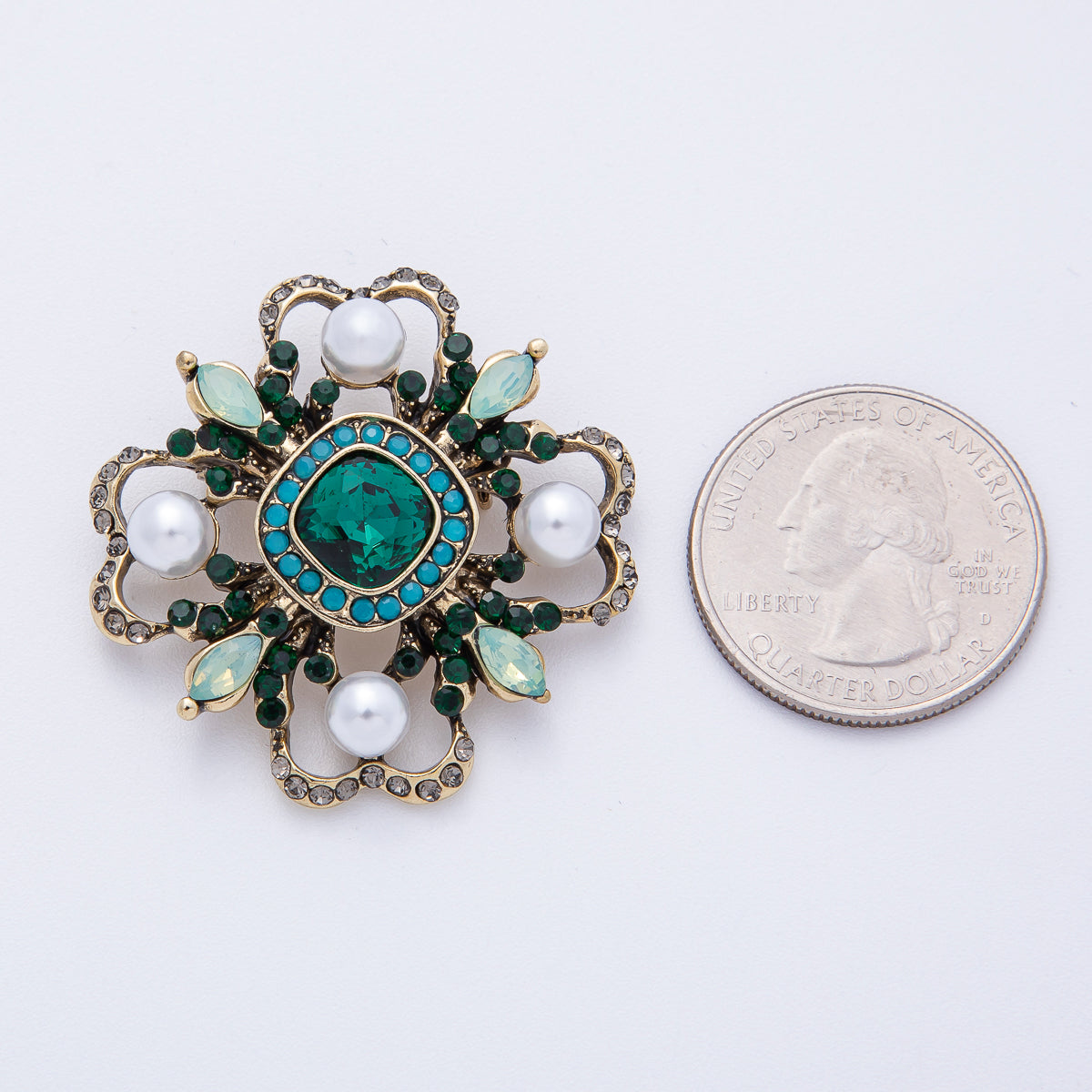 Vintage Antique Gold Flower Blue Black Gray Crystal Brooch Pin | BH-006