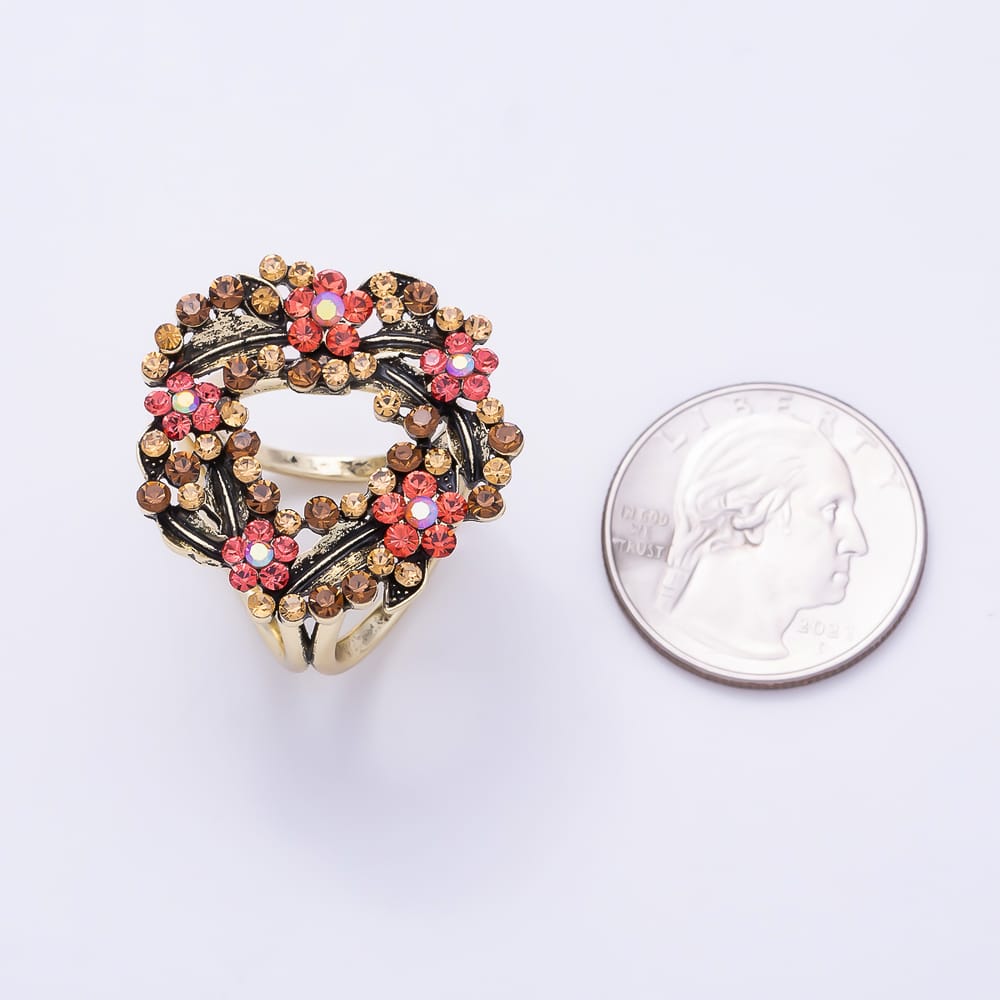 AUNTUMN FALL | Vintage Gold 28mm Red Rhinestone Leaf Flower Wreath Stopper Woggle Scarf Bandana Bead Bolo Slide | Findings-00180