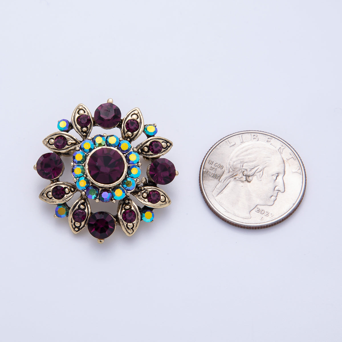 Vintage Gold 33.2mm x 31.5mm Purple Rhinestone Geometric Pin Brooch | BH-077