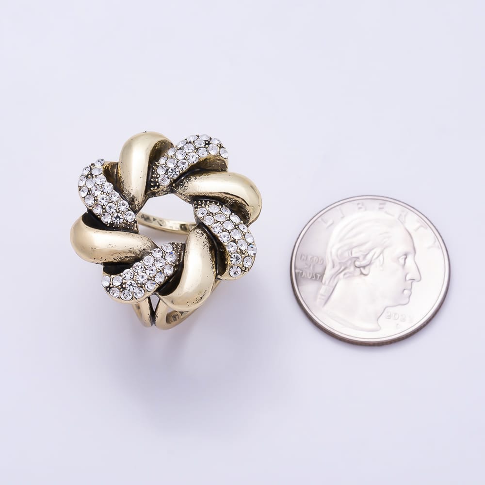 Vintage Gold 28mm Flower Interlock Rhinestone Micro Paved Stopper Buckle Scarf Slide | Findings-00178